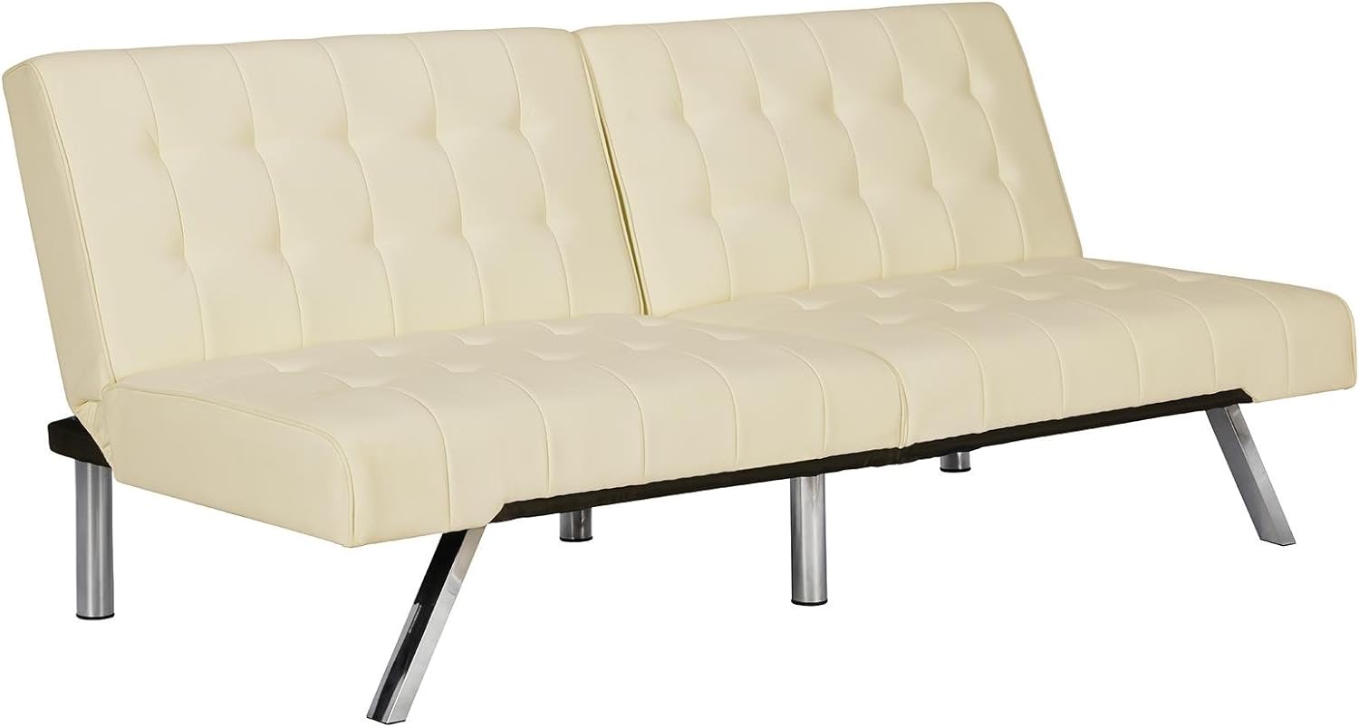 DHP Emily Futon With Chrome Legs, Vanilla Faux Leather