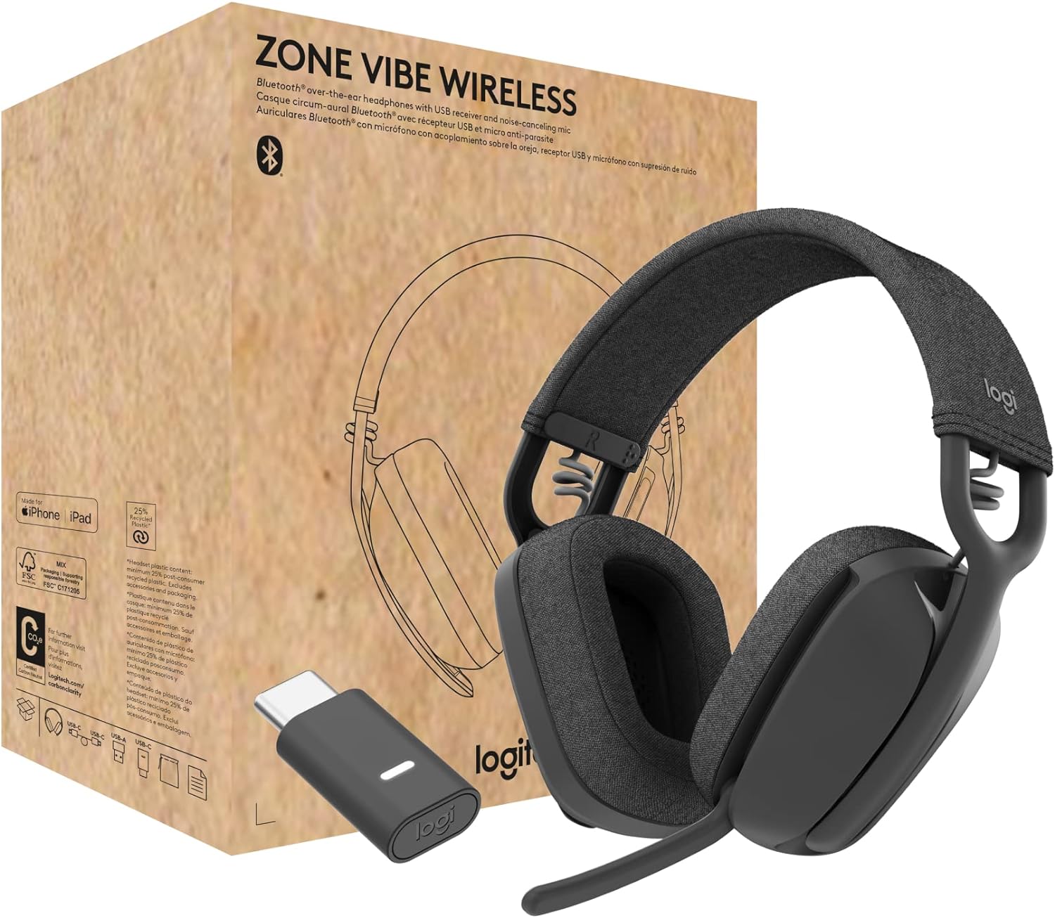Logitech Zone Vibe Wireless Bluetooth Headphones with Noise-Canceling Mic, USB-A, USB-C, for Google Meet, Google Voice, Zoom, Mac/PC, Black