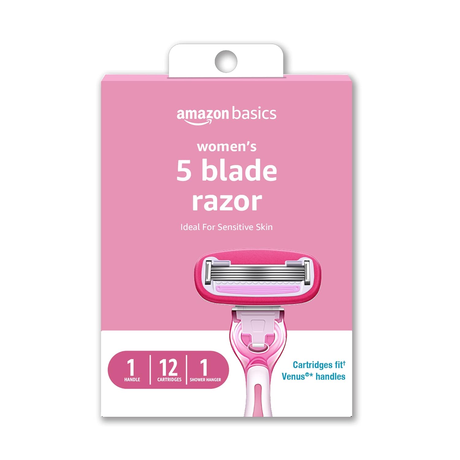 Amazon Basics Women&#39; 5 Blade FITS Razor, Fits Amazon Basics and Venus Handles, Includes 1 FITS Handle, 12 Cartridges & 1 Shower Hanger, Pink