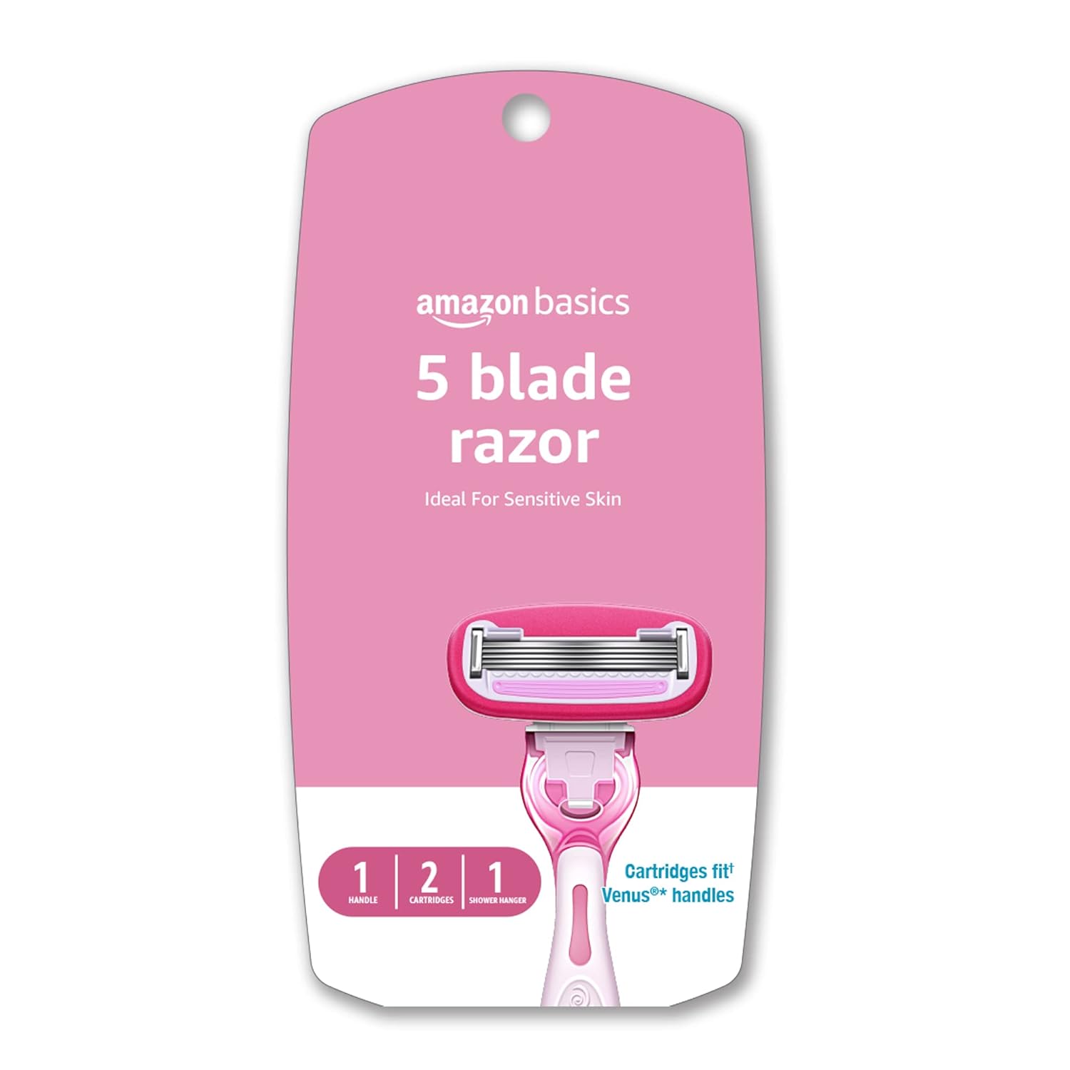 Amazon Basics 5 Blade FITS Razor for Women, Fits Amazon Basics and Venus Handles, Includes 1 FITS Handle, 2 Cartridges & 1 Shower Hanger, Pink