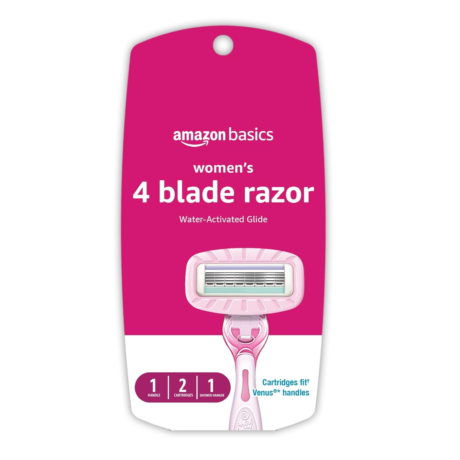 Amazon Basics Women&#39; 4 Blade Razor for Women, Fits AmazonBasics & Venus Handles, Moisturizing Surround, 4 Count, Includes 1 Handle, 2 Cartridges & 1 Shower Hanger, Pink