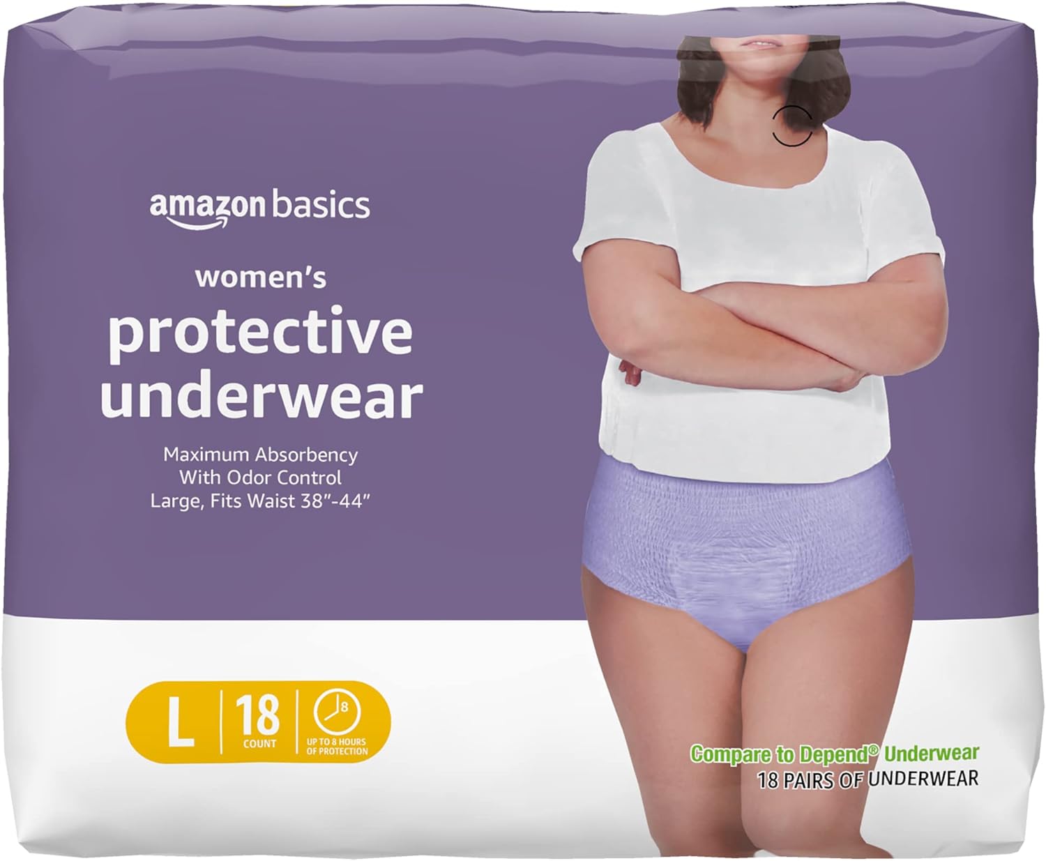 Amazon Basics Incontinence & Postpartum Underwear for Women, Maximum Absorbency, Large, 18 Count, Lavender (Previously Solimo)