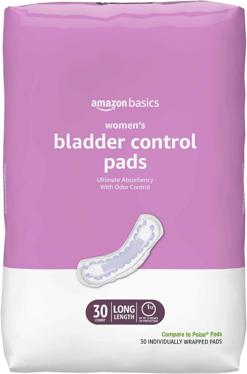 Amazon Basics Incontinence, Bladder Control & Postpartum Pads for Women, Ultimate Absorbency, Long Length, 30 Count, 30 Count (Pack of 1) (Previously Solimo)