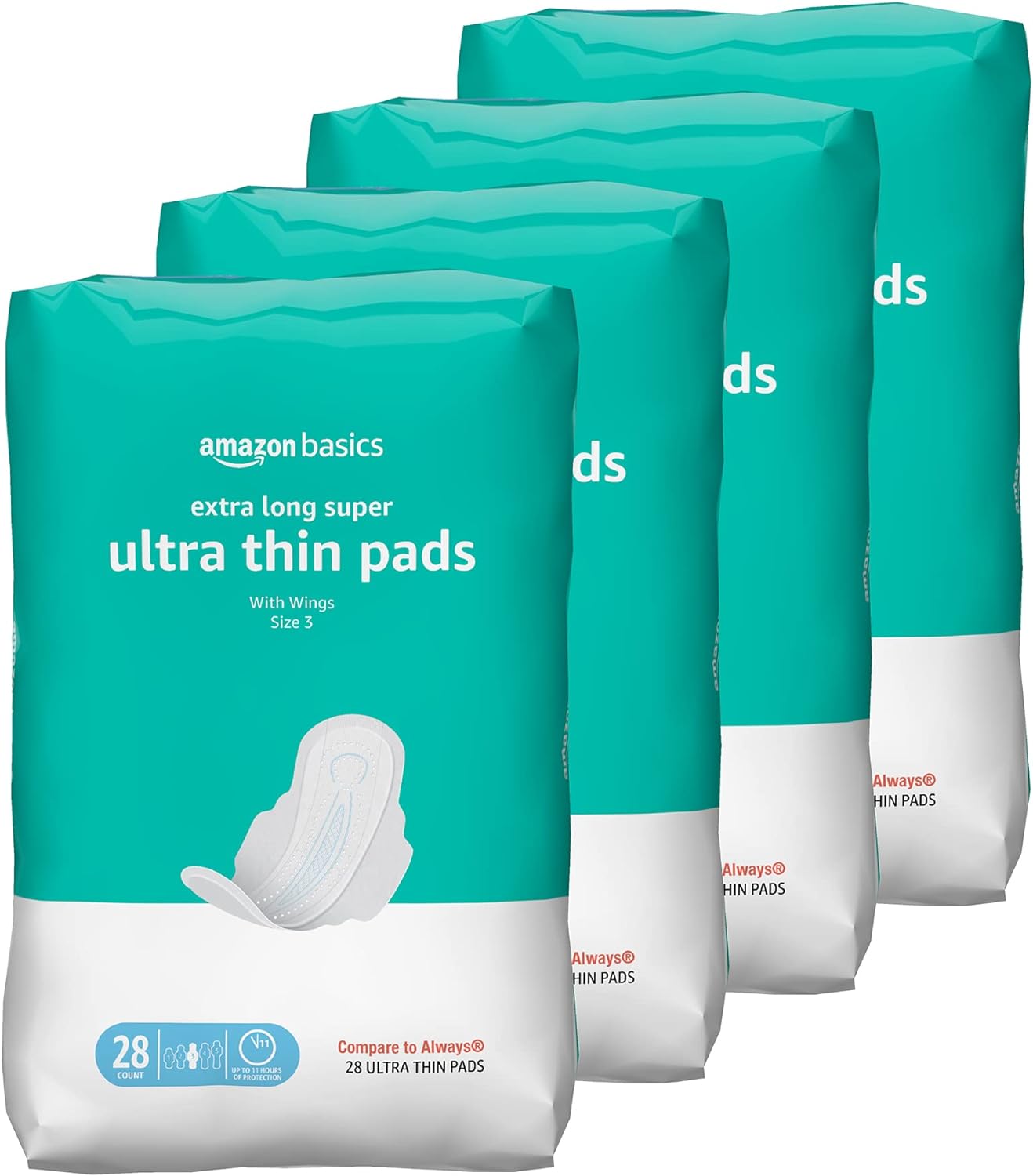 Amazon Basics Ultra Thin Pads with Flexi-Wings for Periods, Extra Long Length, Super Absorbency, Unscented, Size 3, 112 Count (4 Packs of 28) (Previously Solimo)