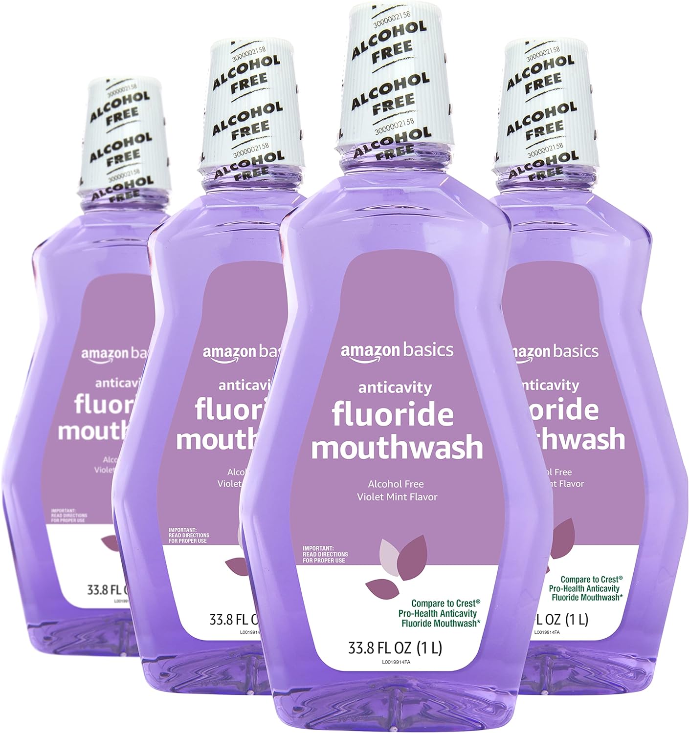 Amazon Basics Anticavity Fluoride Mouthwash, Alcohol Free, Violet Mint, 1 Liter, 33.8 Fluid Ounces, 4-Pack (Previously Solimo)