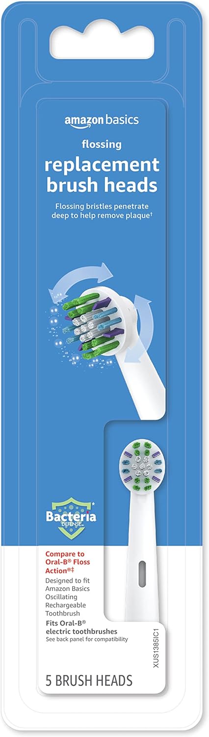 Amazon Basics Flossing Replacement Brush Heads, 5 Count, White (Fits most Oral-B Electric Toothbrushes) (Previously Solimo)