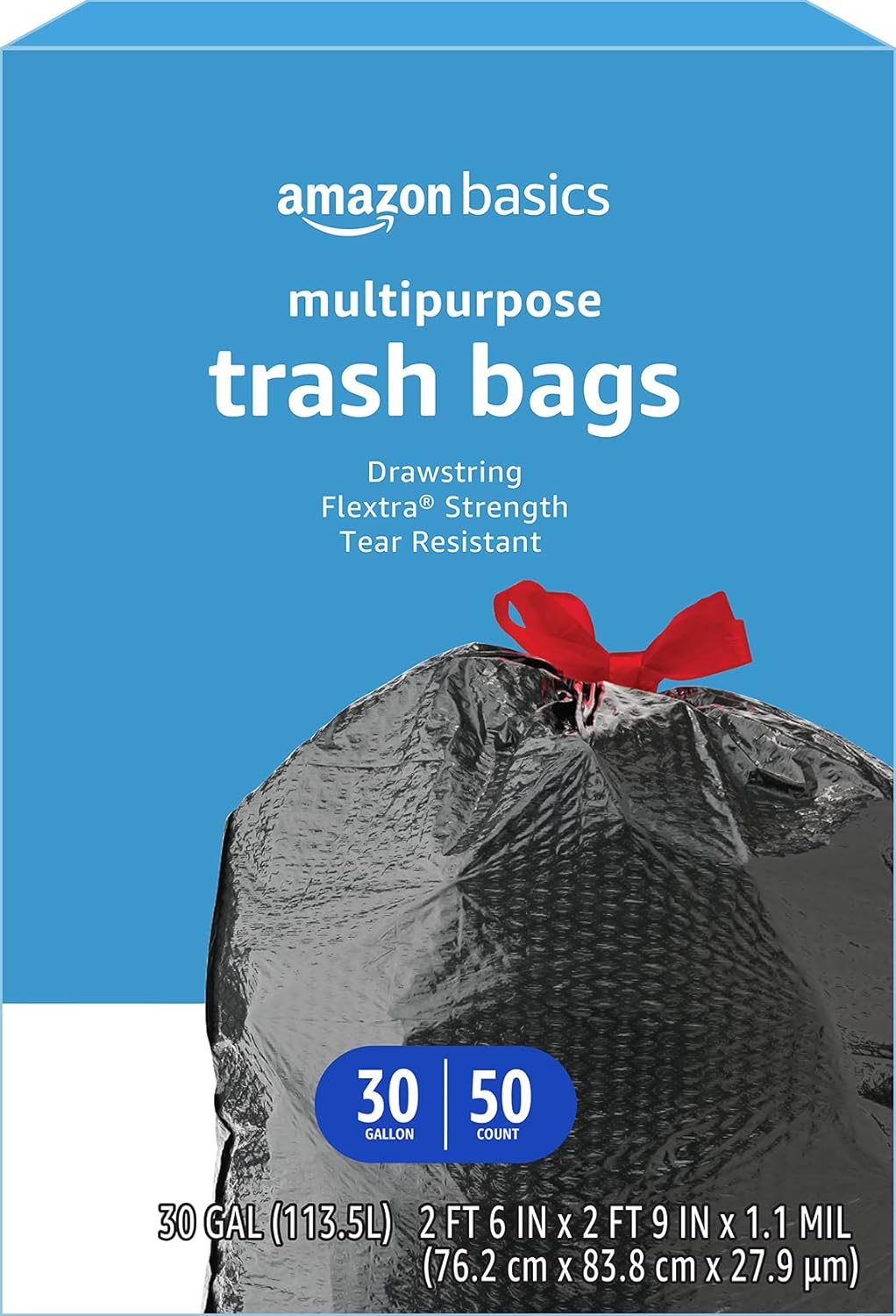 Amazon Basics Flextra Multipurpose Drawstring Trash Bags, Unscented, 30 Gallon, 50 Count