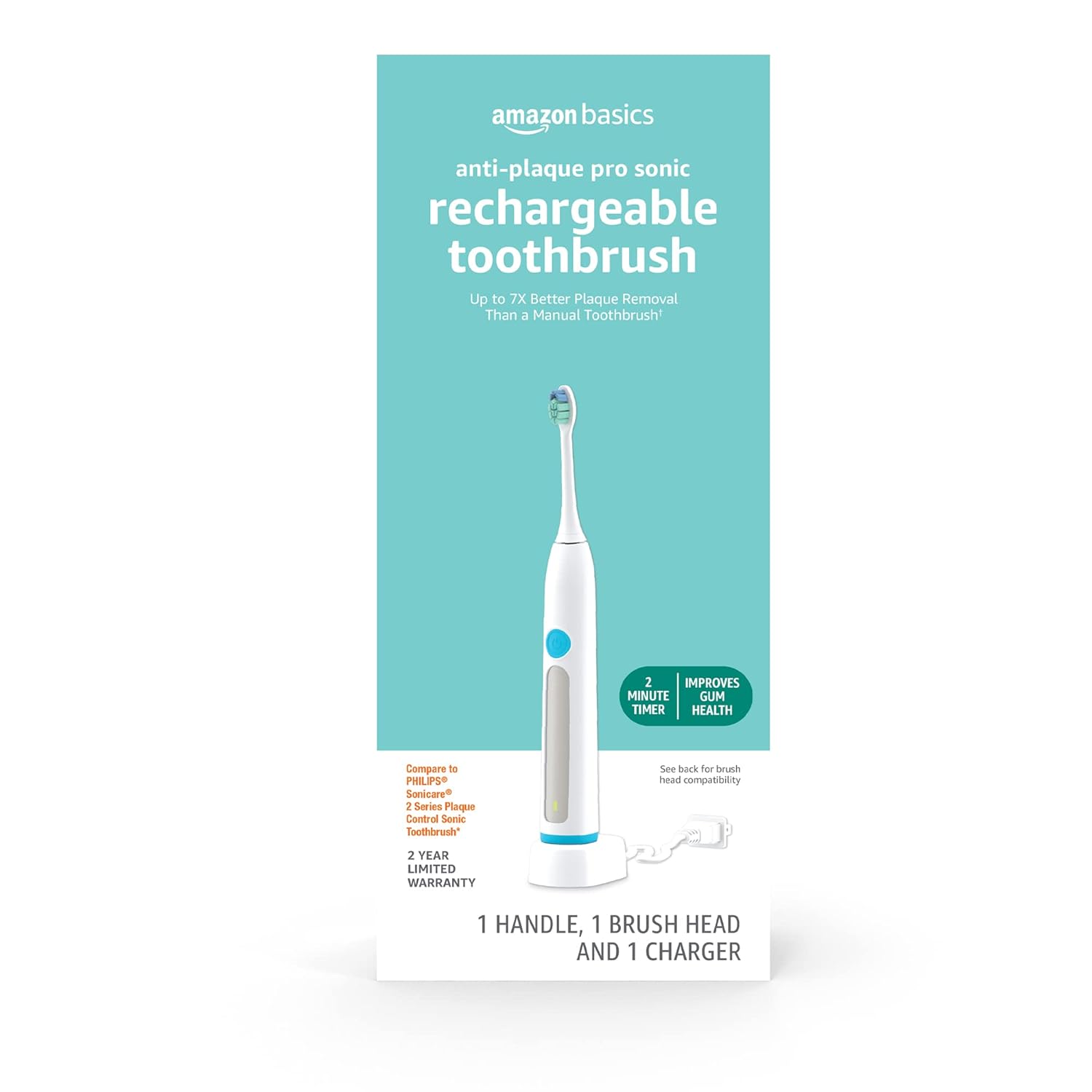 Amazon Basics Anti-Plaque Pro Sonic Rechargeable Toothbrush with Charger, White (Previously Solimo)