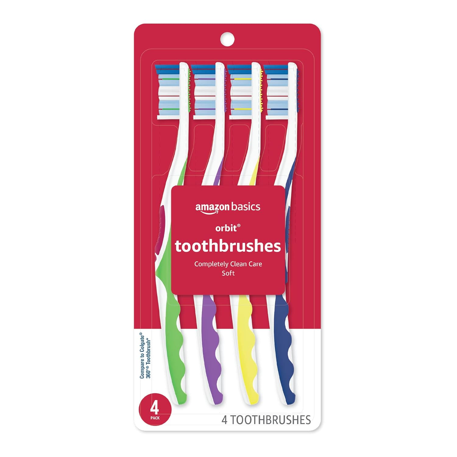 Amazon Basics Orbit Toothbrushes, Soft, Full, 4 Count, Assorted Colors (Previously Solimo)