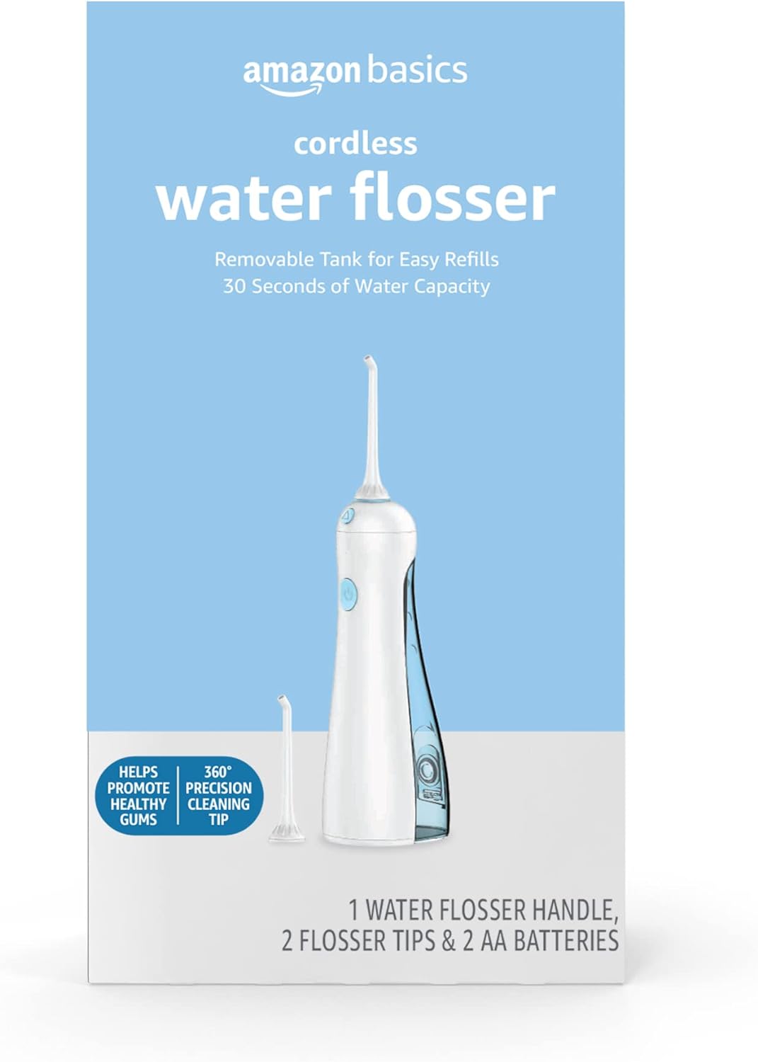 Amazon Basics HydroClean Cordless Water Flosser, 1 Handle, 2 Flosser Tips, 2 AA batteries included