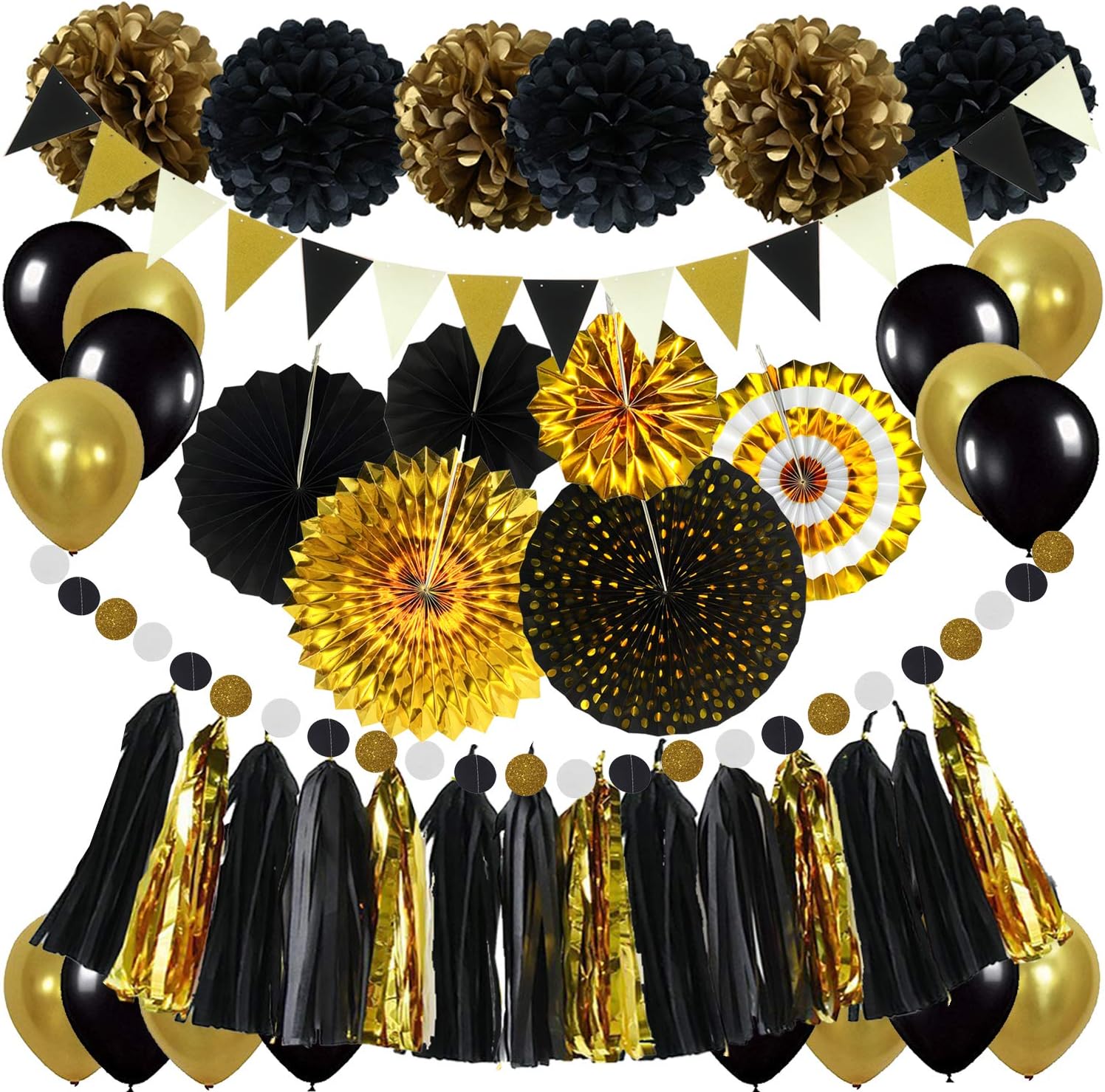 ZERODECO Black and Gold Decorations, Hanging Paper Fans Pom Poms Flowers Tassel Garlands String Triangle Bunting Flags and Balloons for Birthday Graduation Congrats Grad New Years Party Dcor