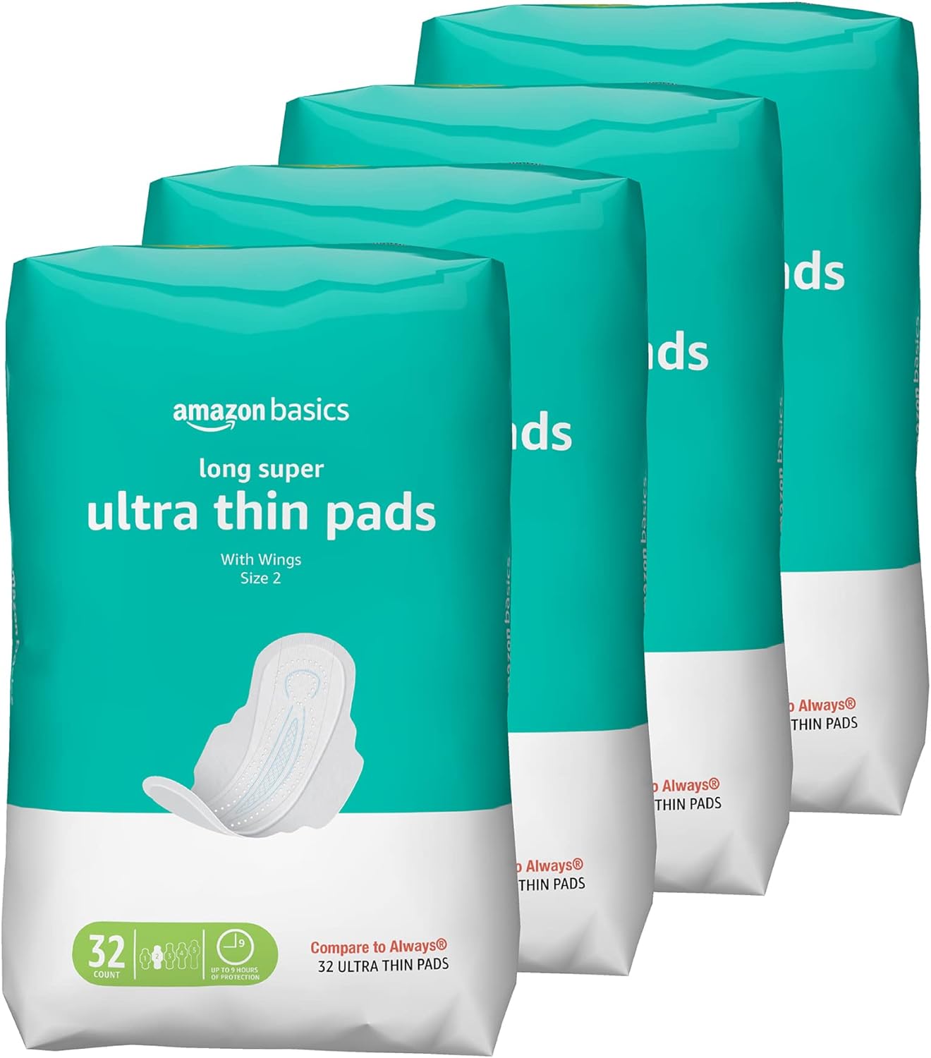 Amazon Basics Ultra Thin Pads with Flexi-Wings for Periods, Long Length, Super Absorbency, Unscented, Size 2, 128 Count, 4 Packs of 32 (Previously Solimo)