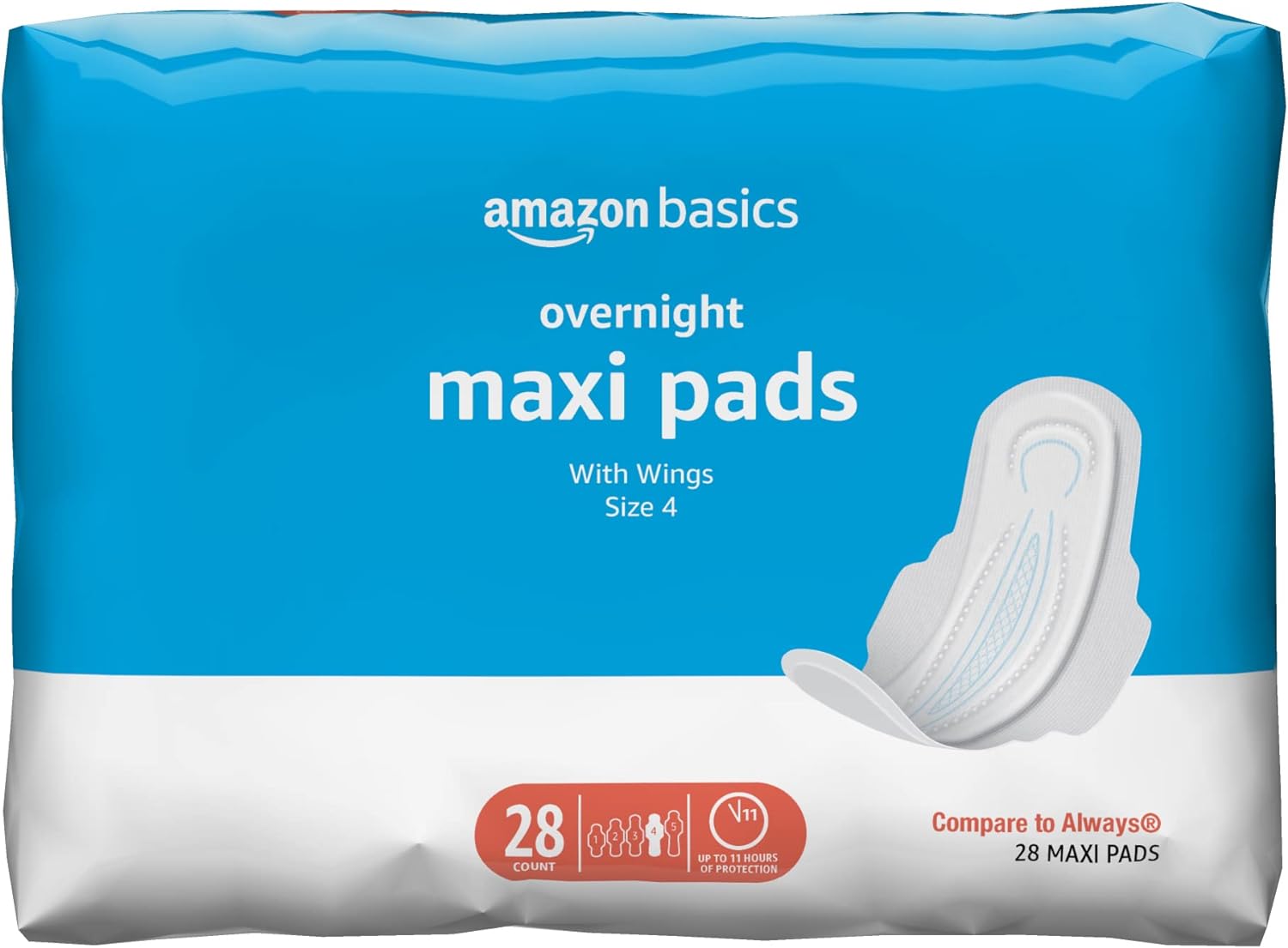 Amazon Basics Thick Maxi Pads with Flexi-Wings for Periods, Overnight Absorbency, Unscented, Size 4, 28 Count, 1 Pack (Previously Solimo)