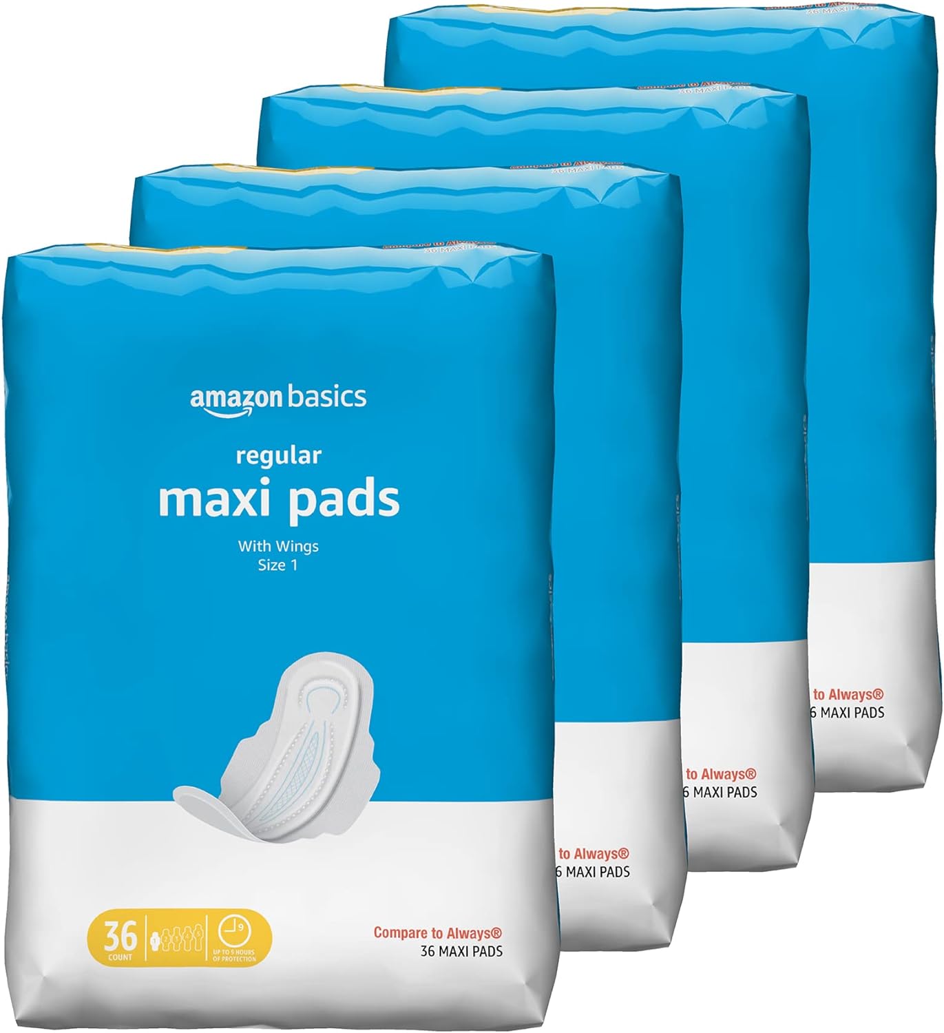 Amazon Basics Thick Maxi Pads with Flexi-Wings for Periods, Regular Absorbency, Unscented, Size 1, 144 Count, 4 Packs of 36 (Previously Solimo)