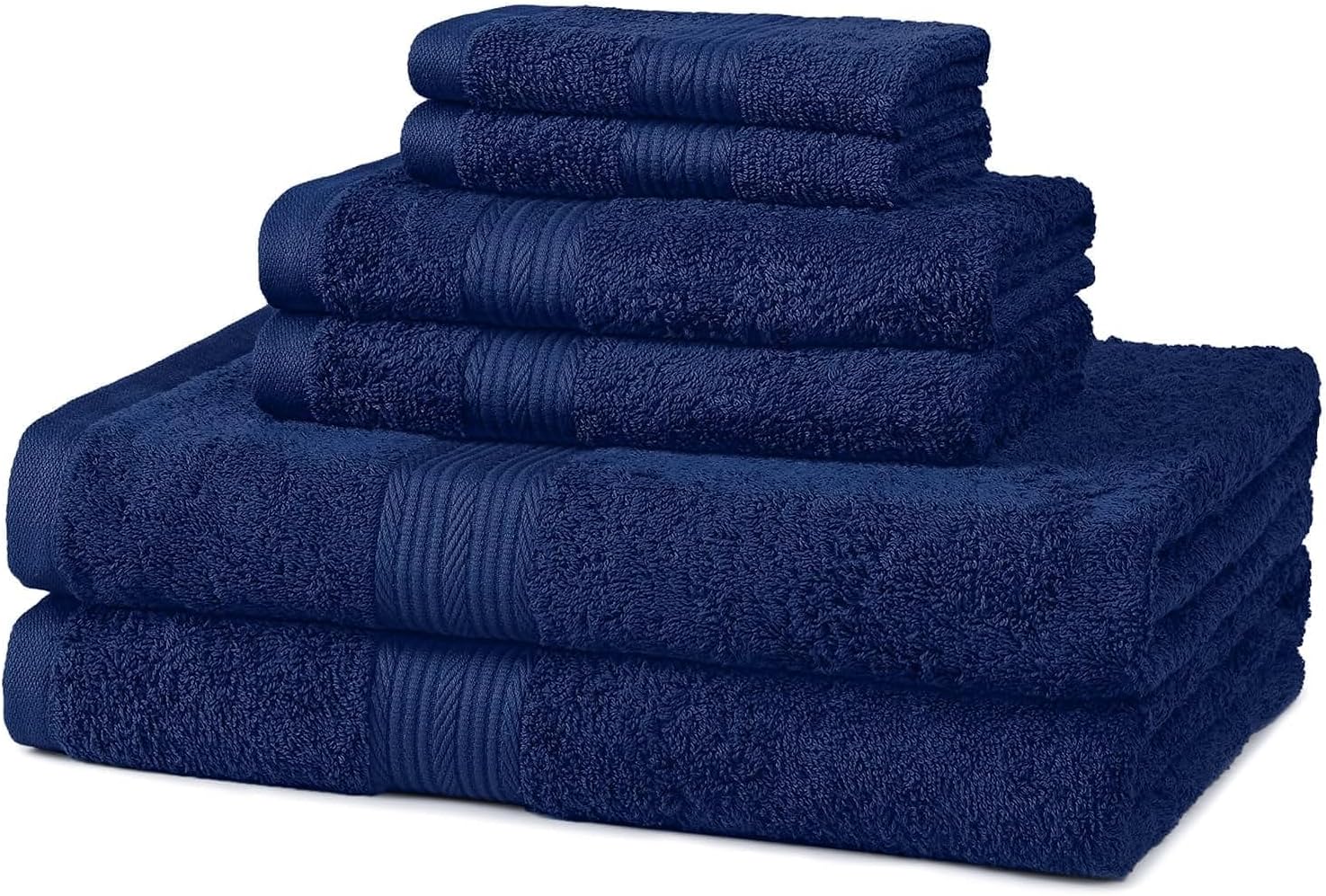 Amazon Basics 6-Piece Fade Resistant Bath towel, Hand and Washcloth Set - Cotton, Navy Blue, 14.25" L x 10.85" W