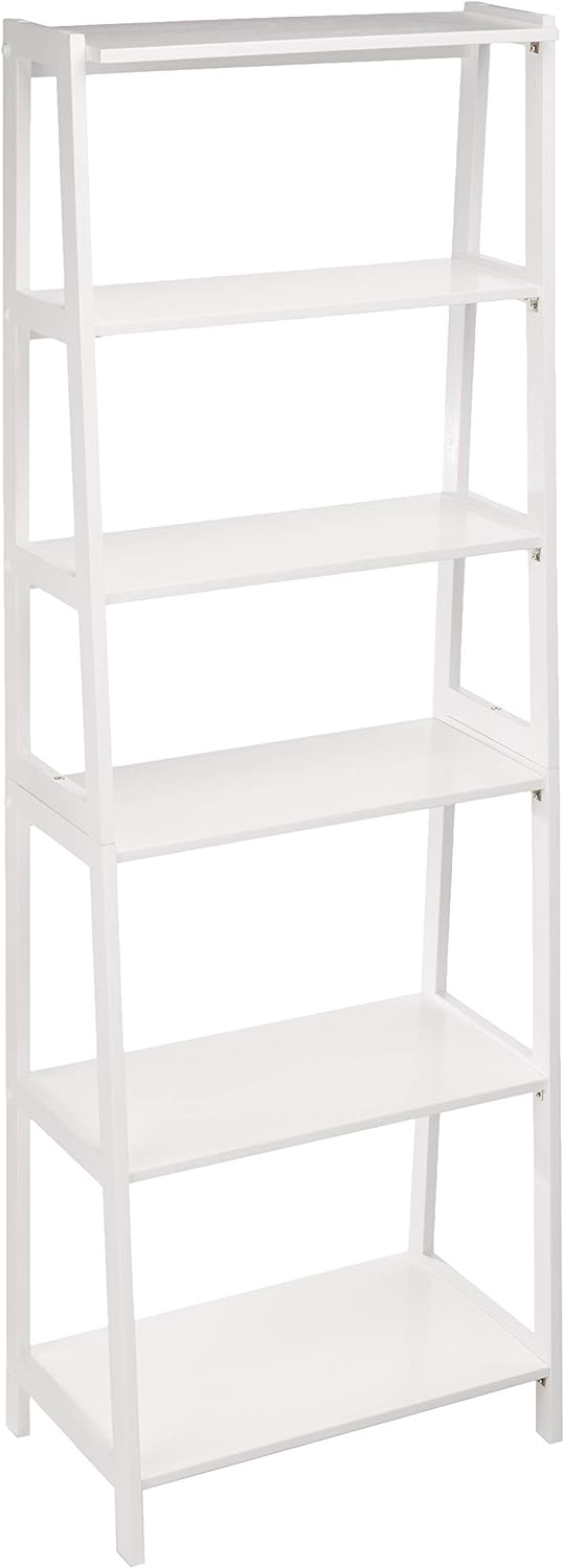 Amazon Basics Rubberwood 5 Shelf Ladder Bookcase, White, 15.03" D x 25.98" W x 74.48" H