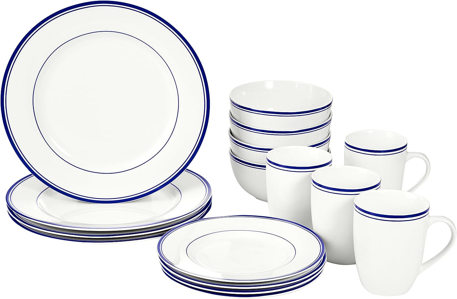 Amazon Basics 16-Piece Cafe Stripe Kitchen Dinnerware Set, Plates, Bowls, Mugs, Service for 4, Blue