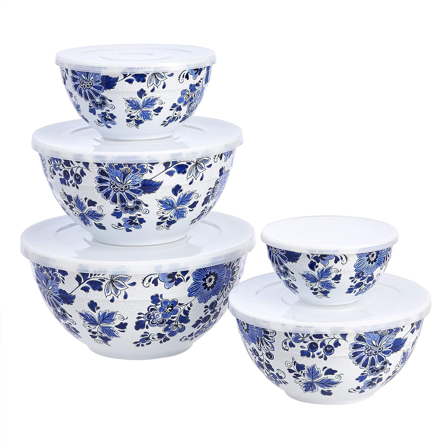 Amazon Basics Nesting Melamine Mixing Round Bowl with Lid and Non-Slip Base, 5 Sizes, Blue and White Floral, Set of 10, 4 quarts, 3 15/16",7 9/16",8 7/8",10",11 1/4"