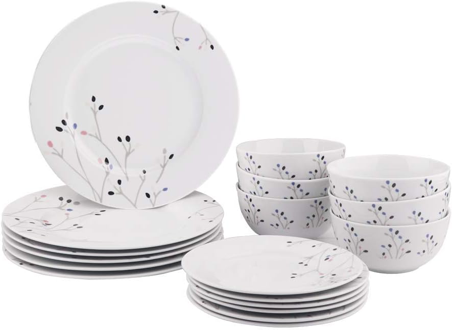 Amazon Basics 18-Piece Kitchen Dinnerware Set, Plates, Dishes, Bowls, Service for 6, Branches