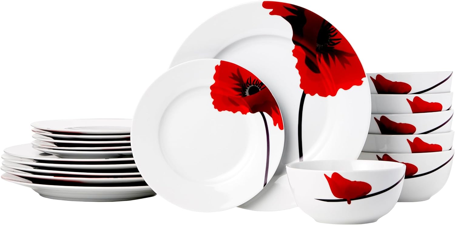 Amazon Basics 18-Piece Kitchen Dinnerware Set, Plates, Dishes, Bowls, Service for 6, Poppy