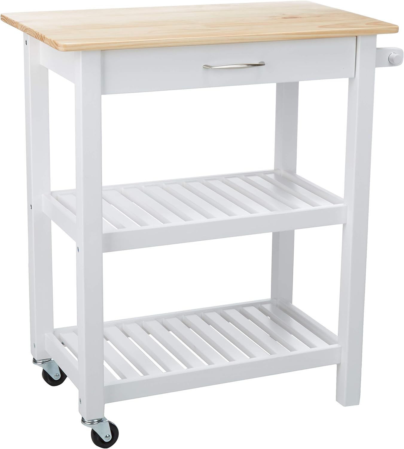 Amazon Basics Kitchen Island Cart with Storage, Solid Wood Top and Wheels, 35.4 x 18 x 36.5 inches, Natural / White