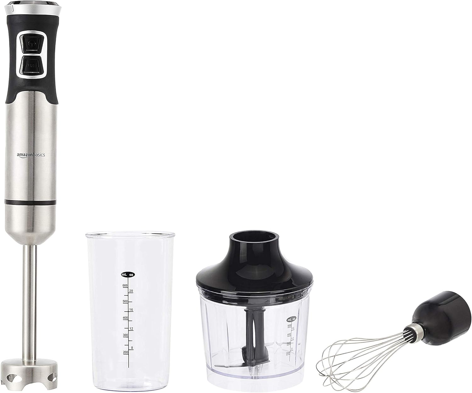 Amazon Basics 500 Watt Multi-Speed Immersion Hand Blender with Attachments, Silver