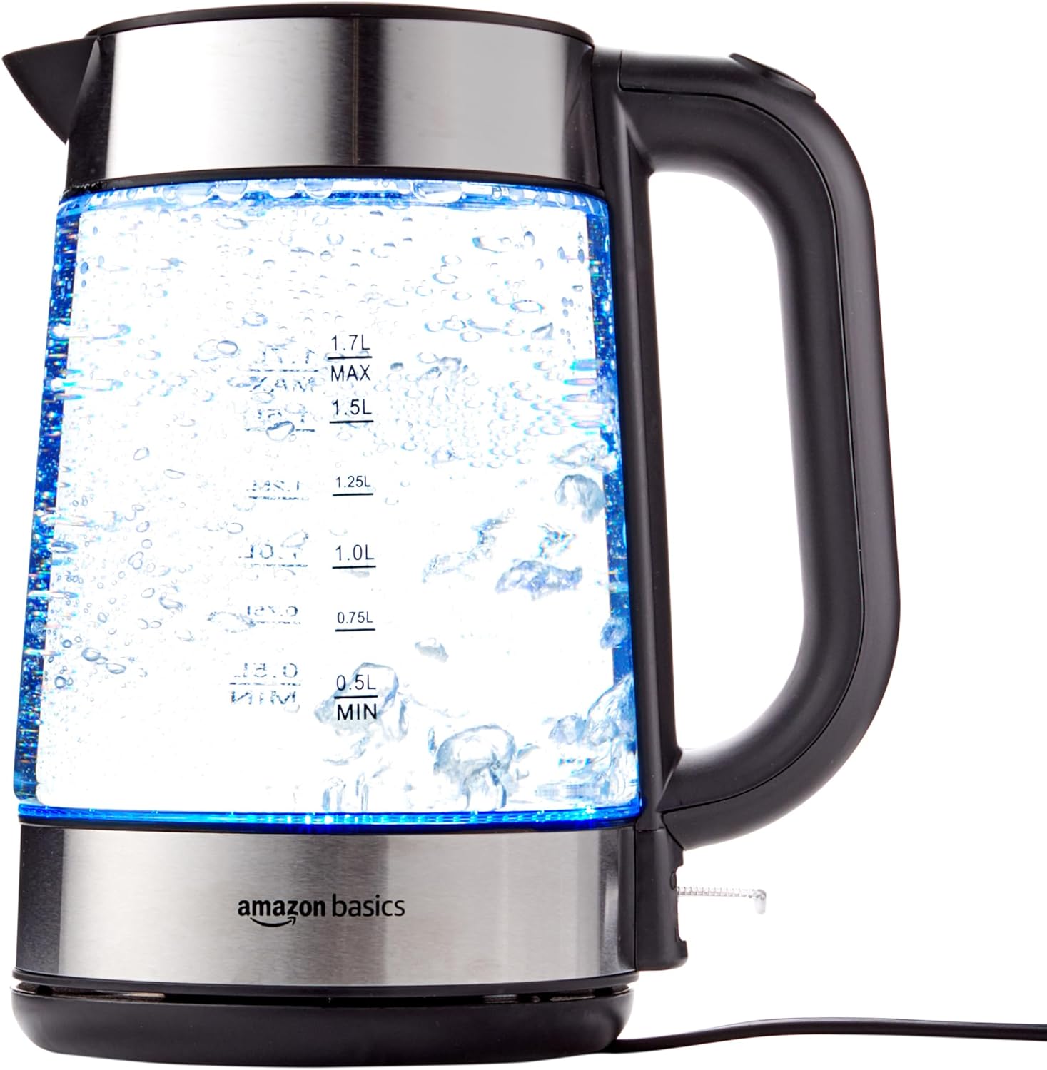 Amazon Basics Electric Glass and Steel Hot Tea Water Kettle, 1.7-Liter, Black and Sliver