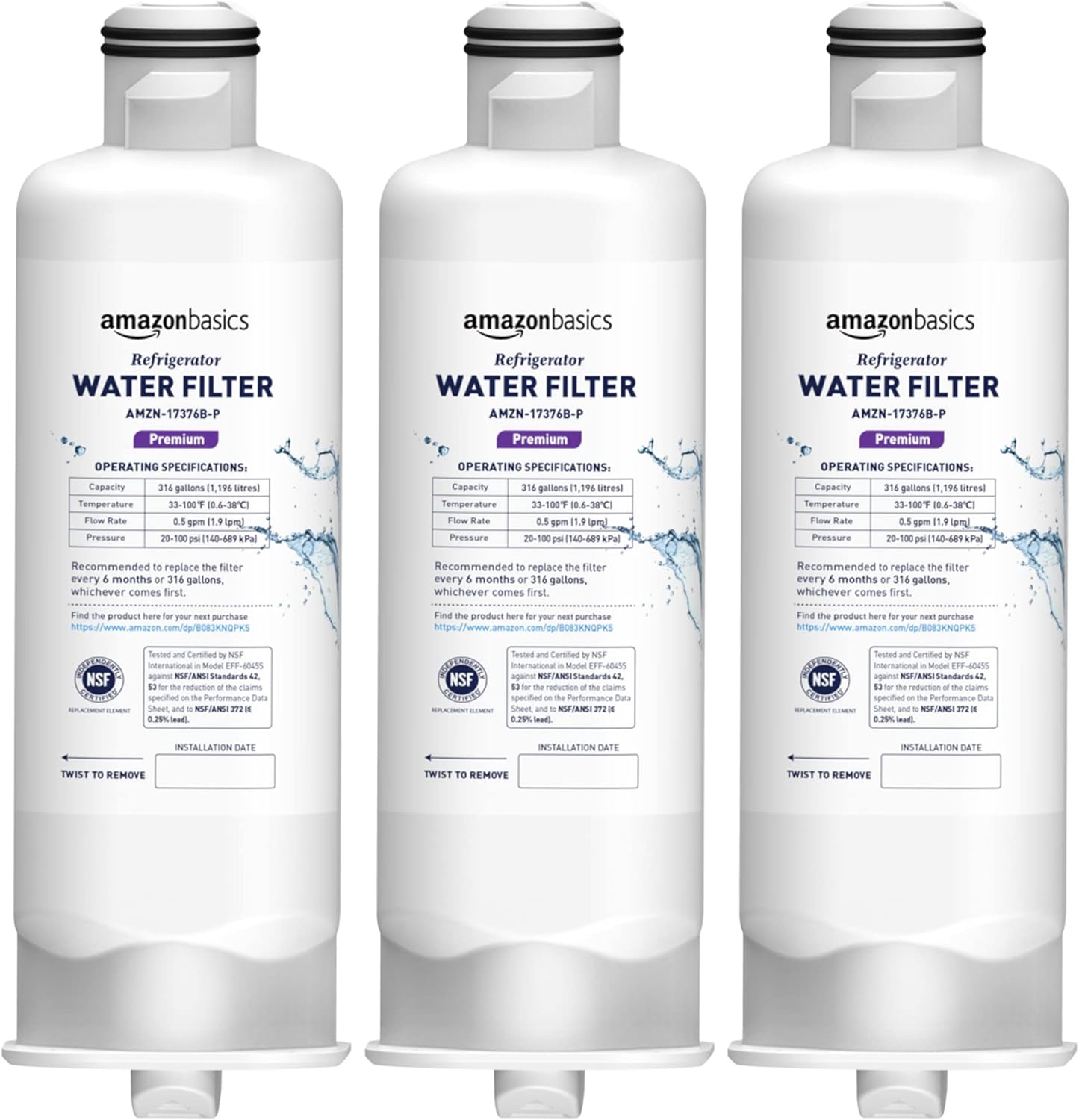 Amazon Basics Replacement Samsung DA97-17376B, HAF-QIN/EXP Refrigerator Water Filter, 3-Pack, Premium Filtration