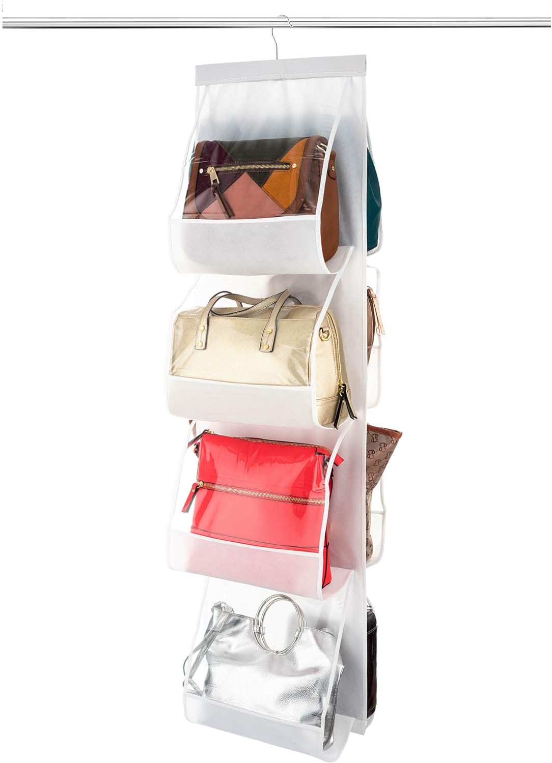 ZOBER Hanging Purse Organizer, Breathable Nonwoven Handbag Organizer, 8 Easy Access Clear Vinyl Pockets, White, 48 L x 12 W