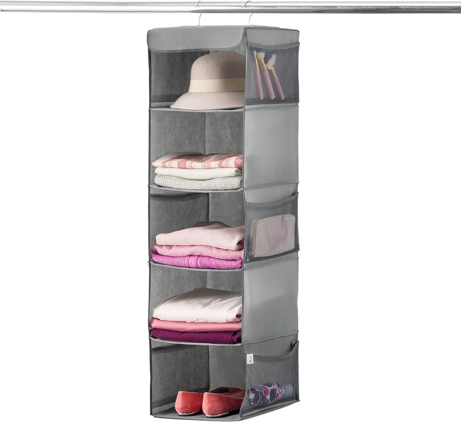 ZOBER Hanging Closet Organizer and Storage Shelves - 5-Shelf Wardrobe Clothes Organizer for Dorm Room, Baby Nursery, Small Closet Storage - 12 x 11.5 x 42, Grey