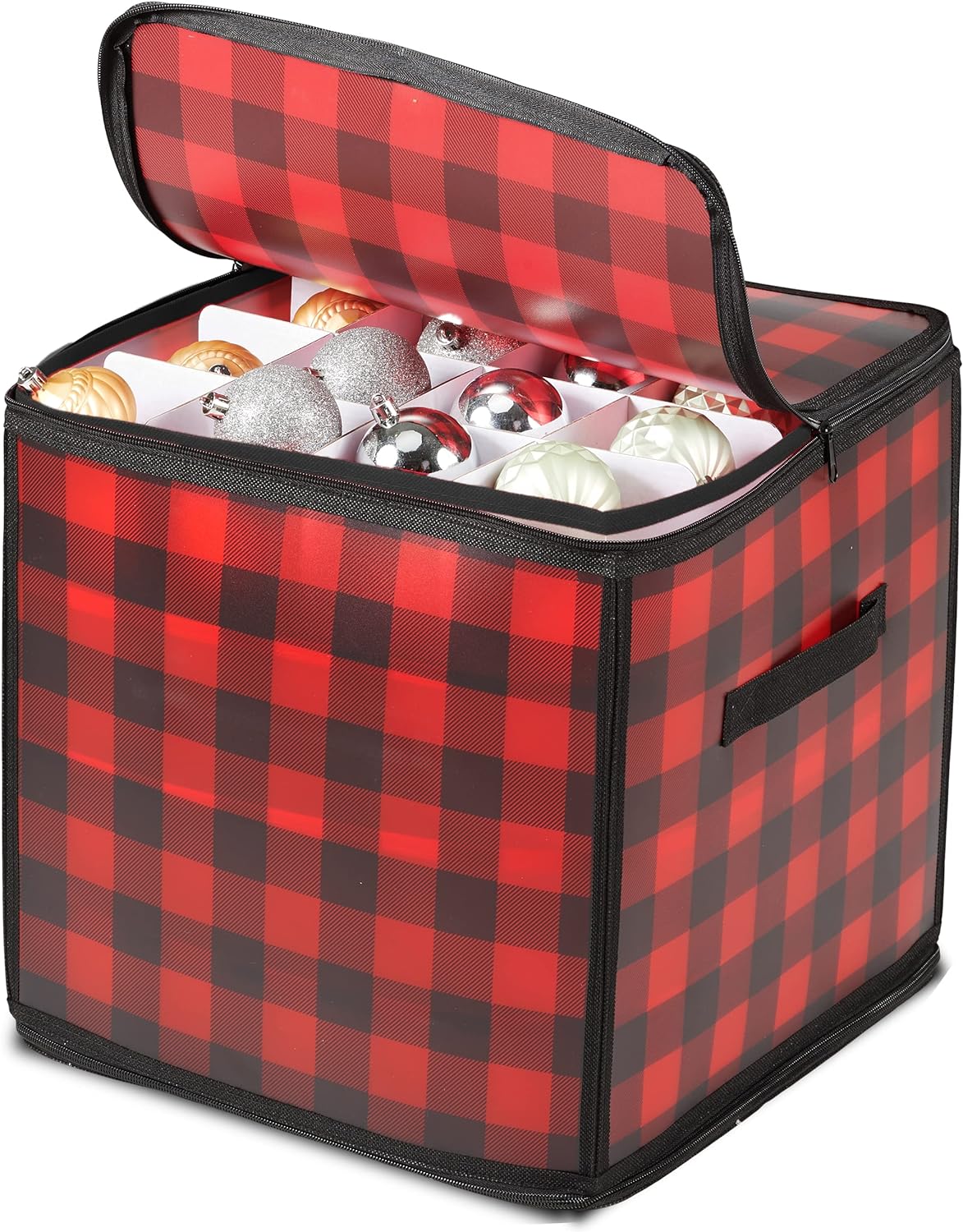 ZOBER Christmas Ornament Storage Box - Stores 64 Ornaments W/ 2 Sided Zipper - Flexible Plastic Christmas Ornament Storage Containers - 3 Inch Cube Compartments - Plaid