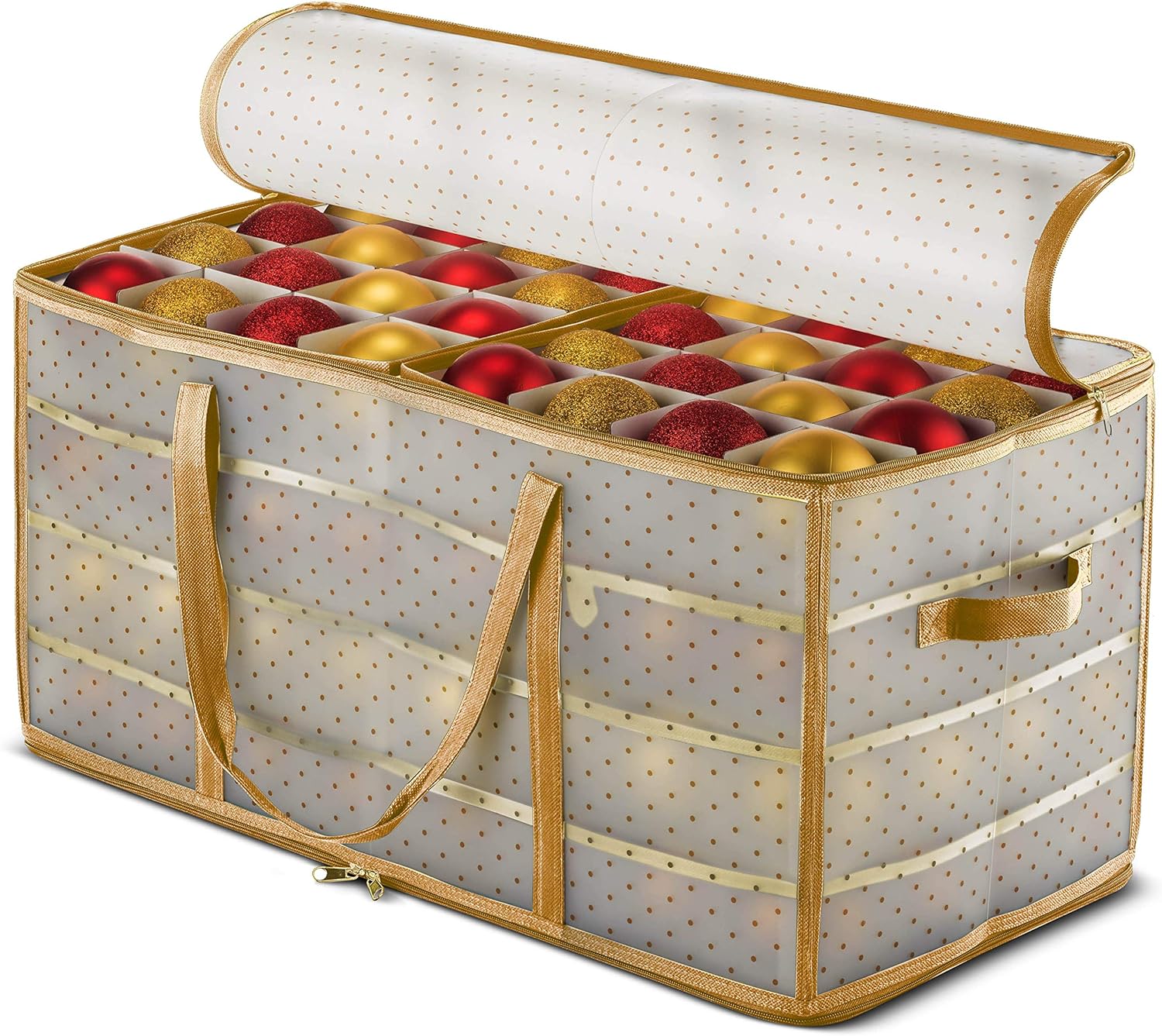 ZOBER Christmas Ornament Storage Box - Stores 128 Ornaments W/ 2 Sided Zipper - Flexible Plastic Christmas Ornament Storage Containers - 3 Inch Cube Compartments - Gold