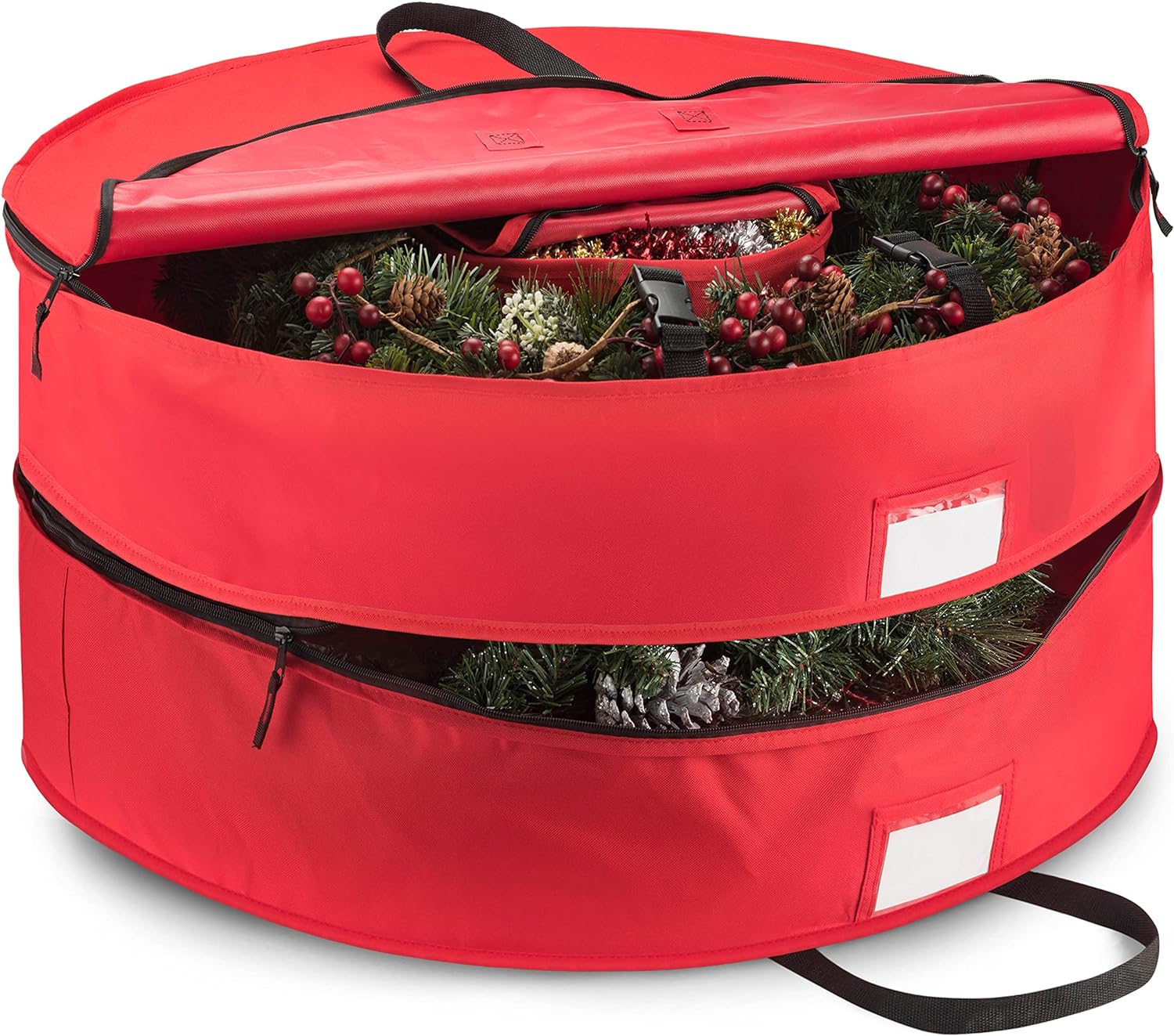 ZOBER Christmas Wreath Storage Container - 24 Inch Wreath Box, Garland Storage - 2 Zippers, Durable Handles - Holiday and Seasonal Wreath Storage Boxes - 2 Pack (Red)