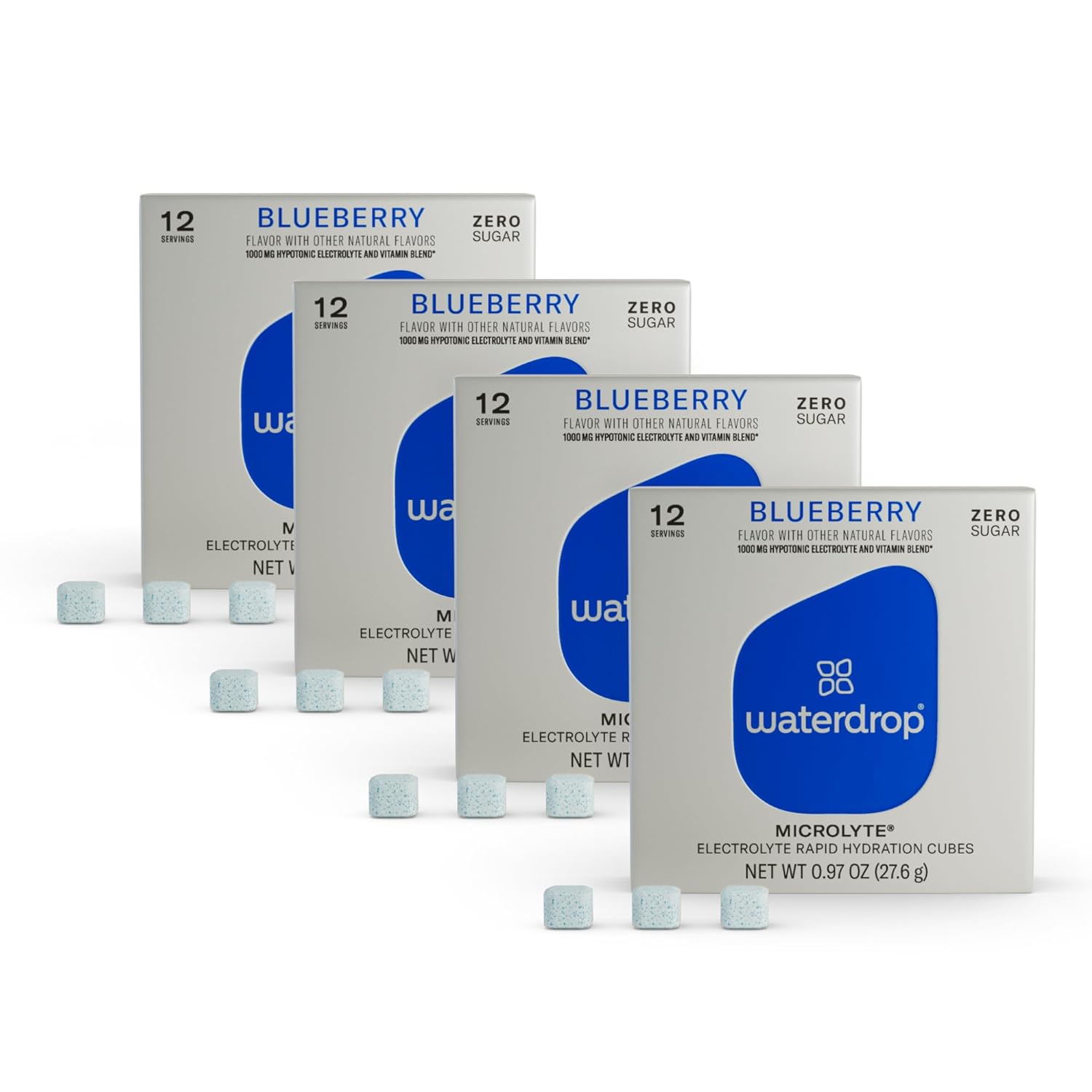 waterdrop Microlyte Set BLUEBERRY - 48 Sugar Free Electrolyte Powder Tablets for Water - Contains a Mix of 5 Electrolytes, 9 Vitamins, Zinc - No Sugar, Calories, Packets - Vegan Sports Drink - 4 Pack