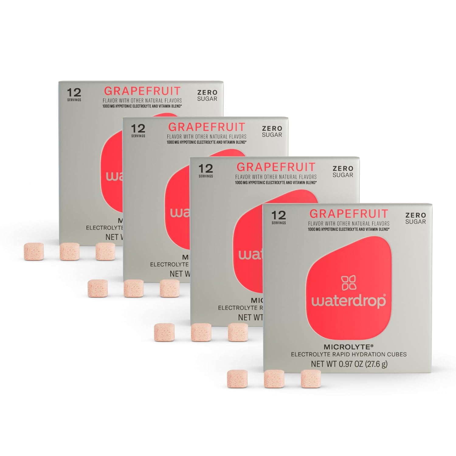 waterdrop Microlyte Set GRAPEFRUIT - 48 Sugar Free Electrolyte Powder Tablets for Water - Contains a Mix of 5 Electrolytes, 9 Vitamins, Zinc - No Sugar, Calories, Packets - Vegan Sports Drink - 4 Pack