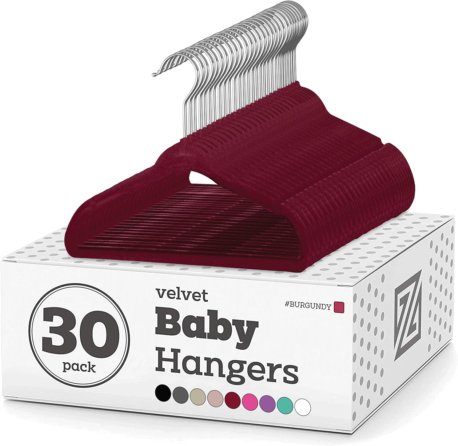 Zober Velvet Baby Hangers for Closet - Pack of 30 Non Slip Toddler Hangers for Shirts, Pants & Dresses w/Swivel Hook - Durable Infant Hangers w/Notches - Small Kids Hangers - Burgundy