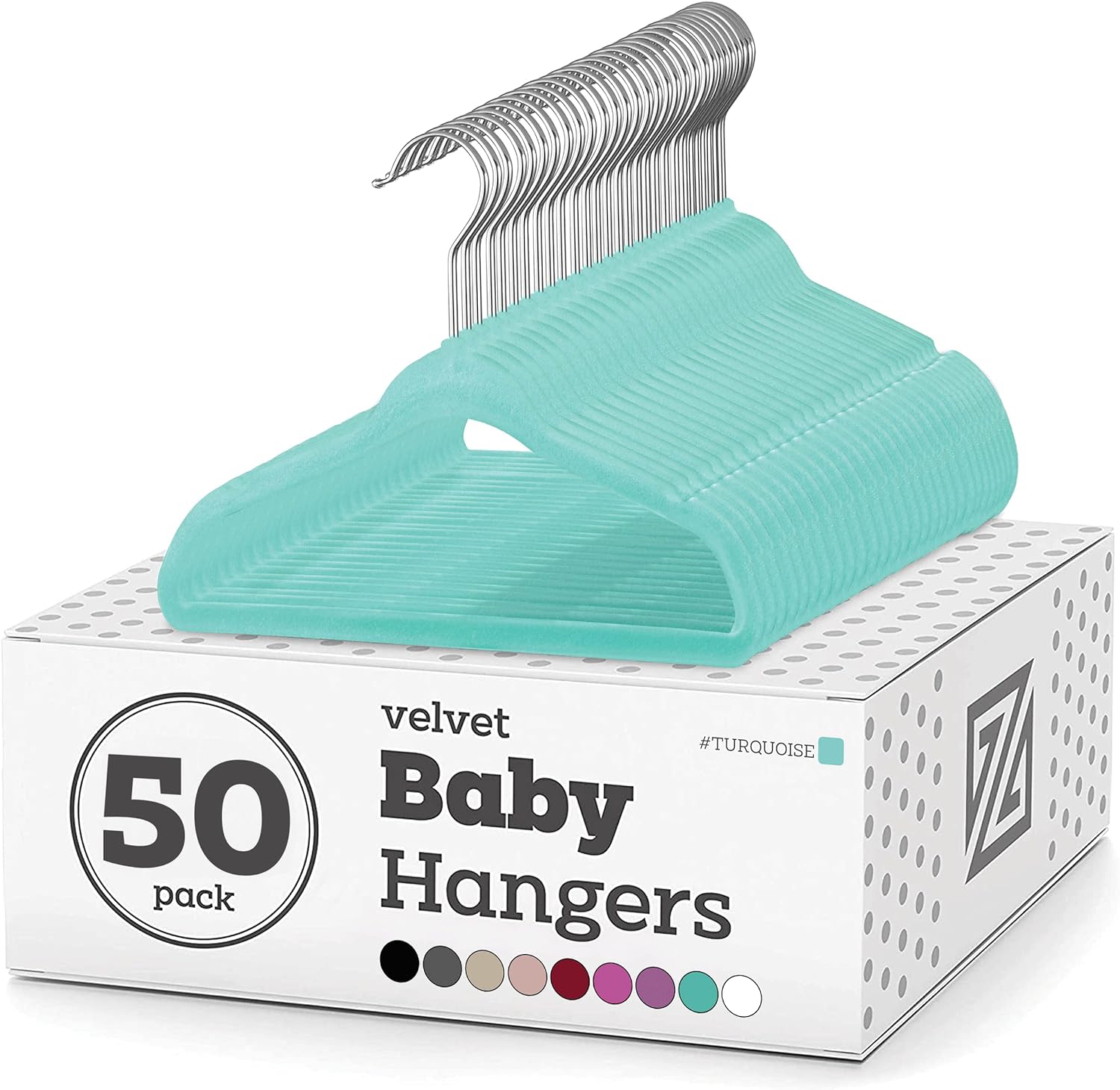 Zober Velvet Baby Hangers for Closet - Pack of 50 Non Slip Toddler Hangers for Shirts, Pants & Dresses w/Swivel Hook - Durable Infant Hangers w/Notches - Small Kids Hangers - Turquoise