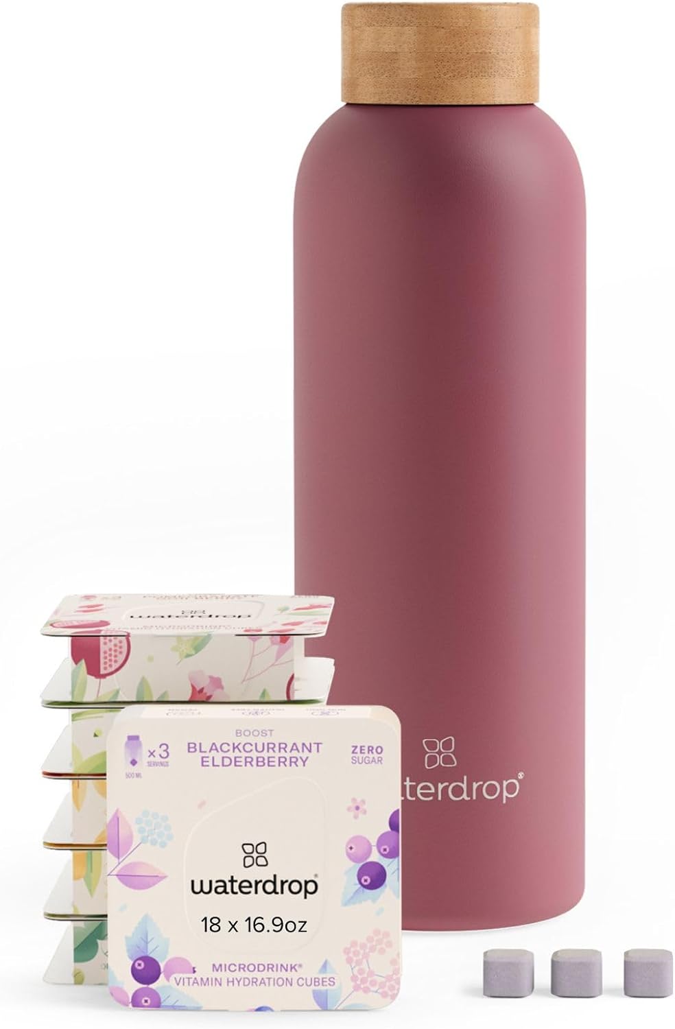 waterdrop  20 oz Starter Set  Stainless Steel Water Bottle With Vitamin Hydration Flavoring Cubes - Midtone Pink