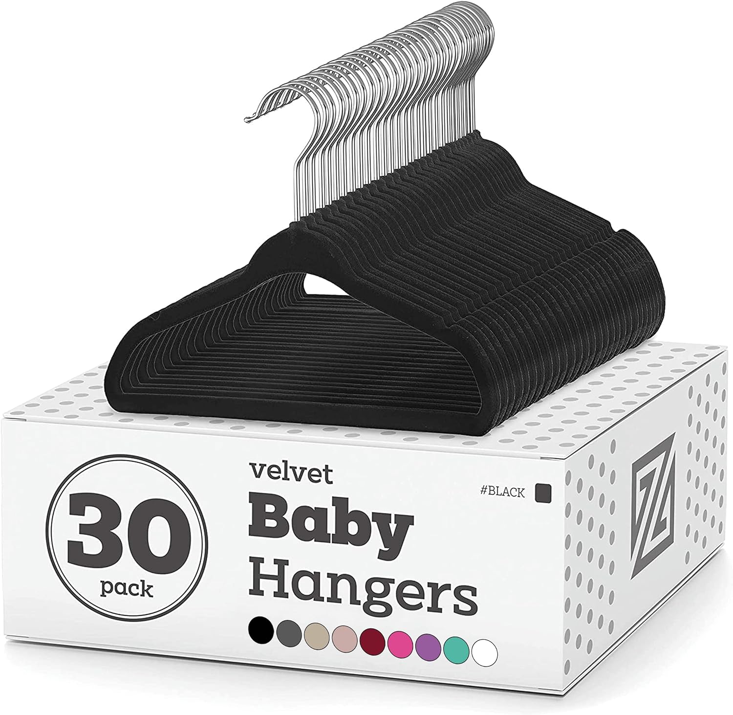 Zober Velvet Baby Hangers for Closet - Pack of 30 Non Slip Toddler Hangers for Shirts, Pants & Dresses w/ Swivel Hook - Durable Infant Hangers w/ Notches - Small Baby Hangers - Black