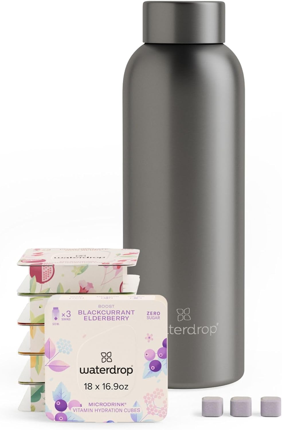 waterdrop  20 oz Starter Set  Stainless Steel Water Bottle With Vitamin Hydration Flavoring Cubes - Midtone Charcoal Brushed