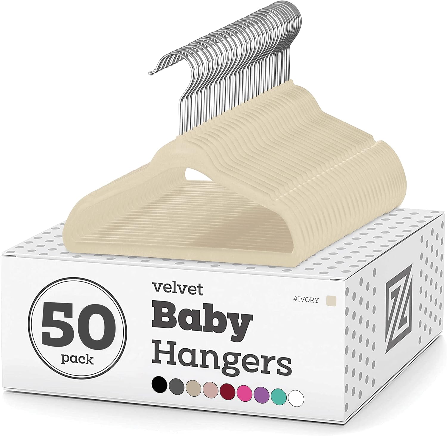 Zober Velvet Baby Hangers for Closet - Pack of 50 Non Slip Toddler Hangers for Shirts, Pants & Dresses w/Swivel Hook - Durable Infant Hangers w/Notches - Small Kids Hangers - Ivory