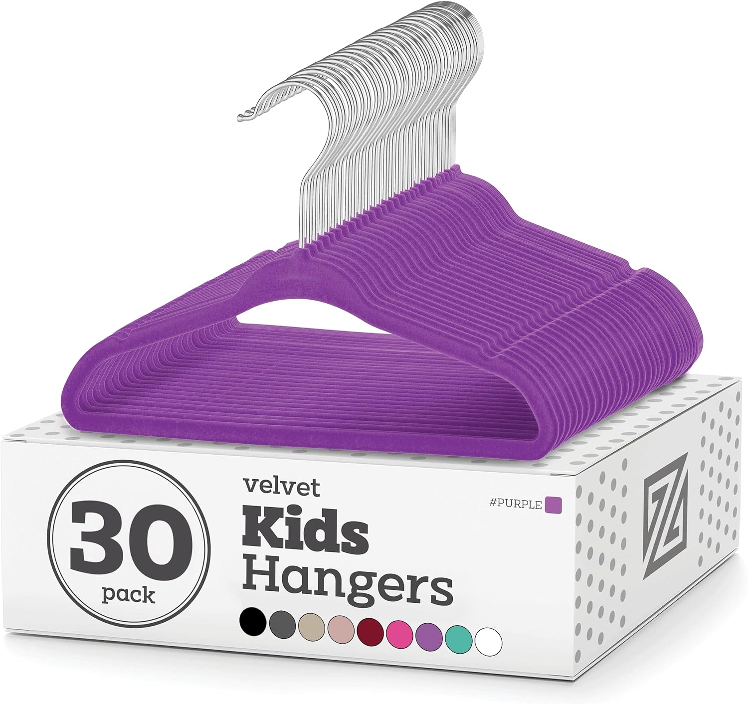 Zober Velvet Kids Hangers for Closet - Pack of 30 Non Slip Childrens Hangers for Shirts, Pants & Dresses w/Swivel Hook - Durable Kids Clothes Hanger w/Notches - Small Hangers - Purple