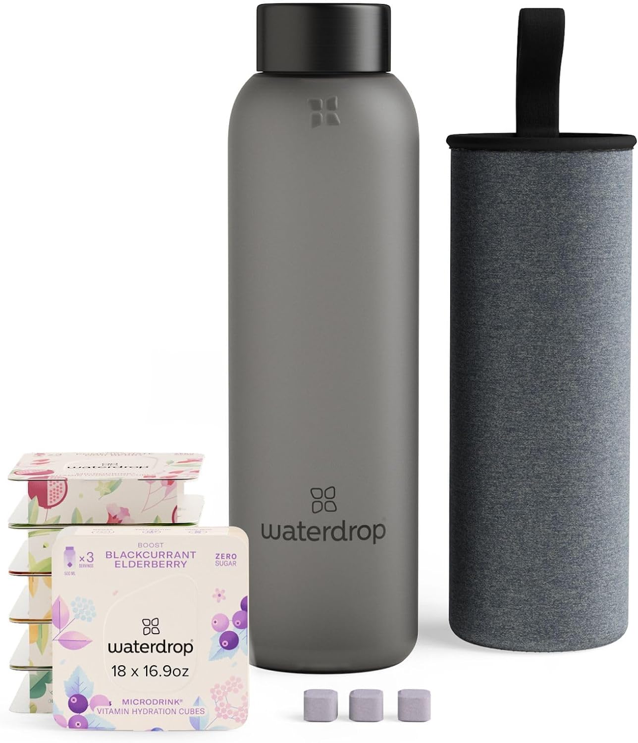 waterdrop20 oz Starter Set - Borosilicate Glass Bottle with Neoprene Sleeve Edition Glass Bottle With Vitamin Hydration Flavoring Cubes-Black Frosted