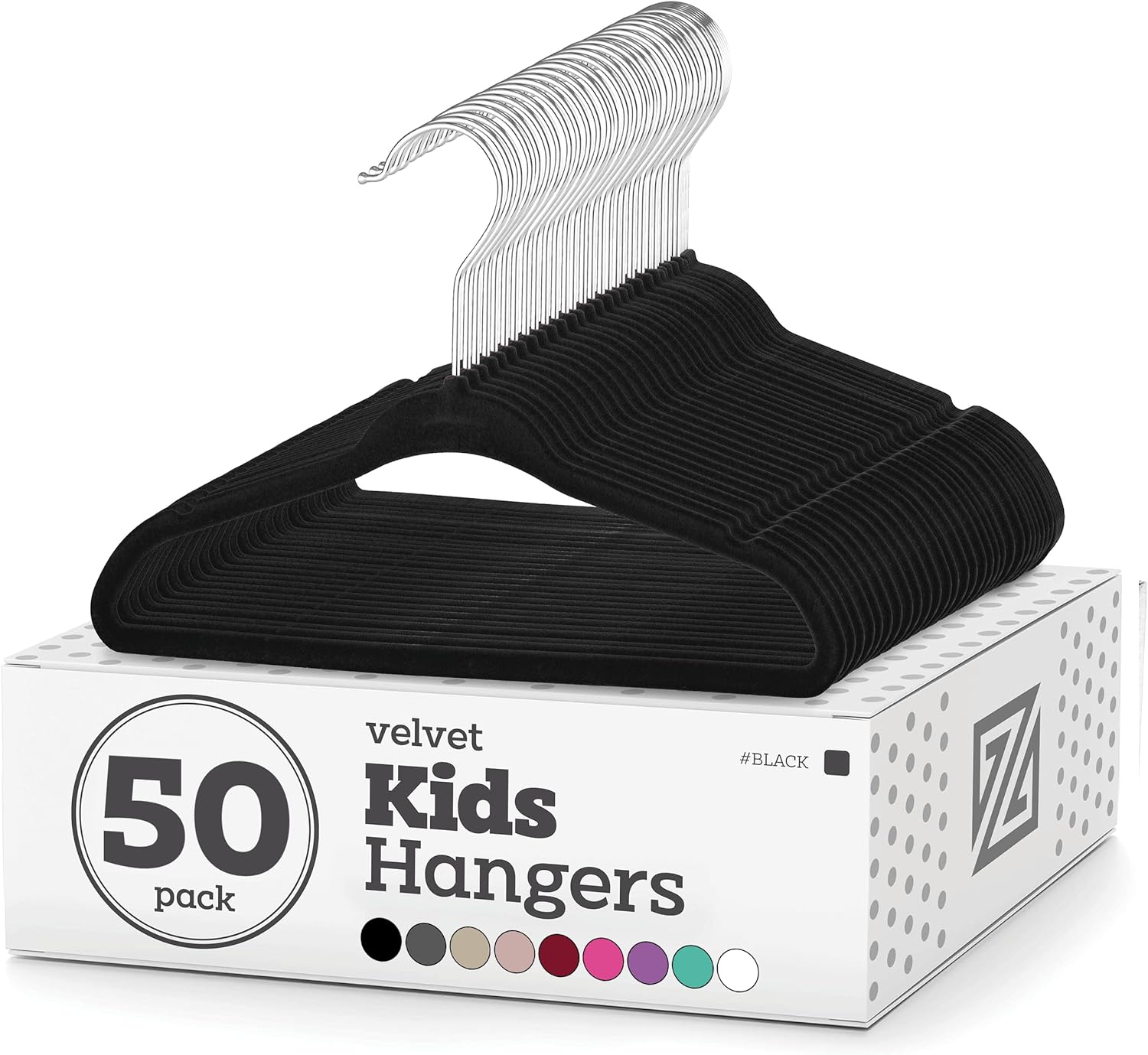 Zober Velvet Kids Hangers for Closet - Pack of 50 Non Slip Childrens Hangers for Shirts, Pants & Dresses w/ Swivel Hook - Durable Kids Clothes Hanger w/ Notches - Small Hangers - Black