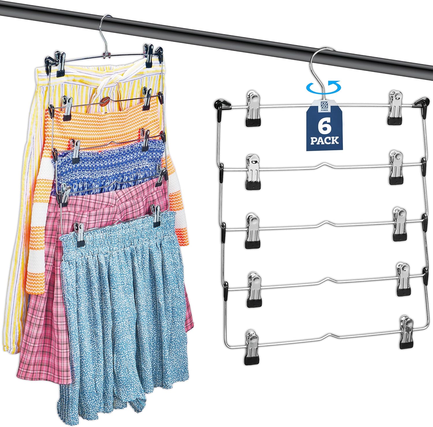 Zober 5-Tier Skirt Hangers with Clips - Metal, Non-Slip Space Saving Pants Hangers W/Adjustable Clips & Swivel Hooks - Skirt Hangers for Women (6-Pack)