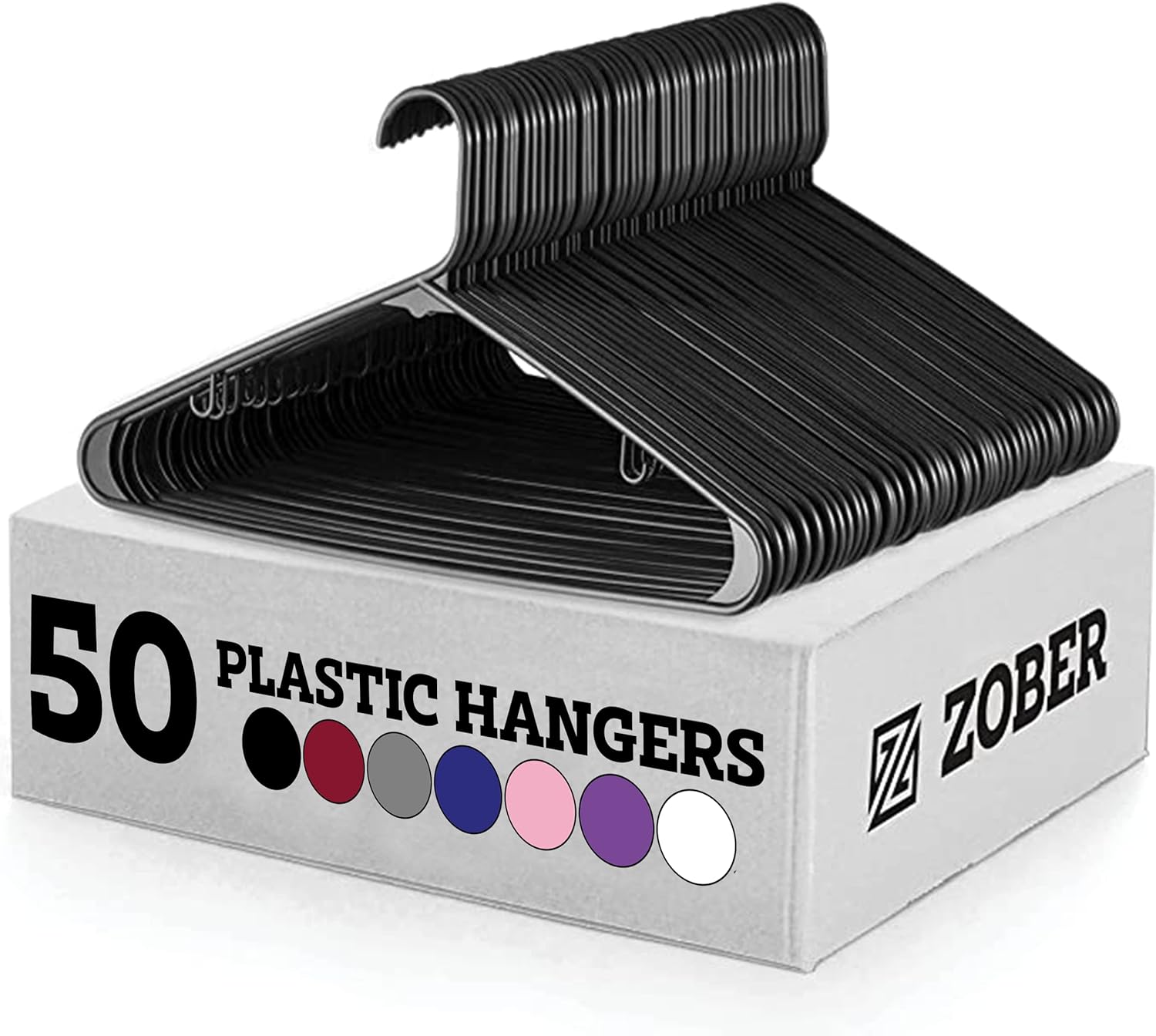 Zober Plastic Hangers 50 Pack - Heavy Duty Black Plastic Hangers - Space Saving Clothes Hangers for Coats, Pants & for Everyday Use - Clothing Hangers with Hooks