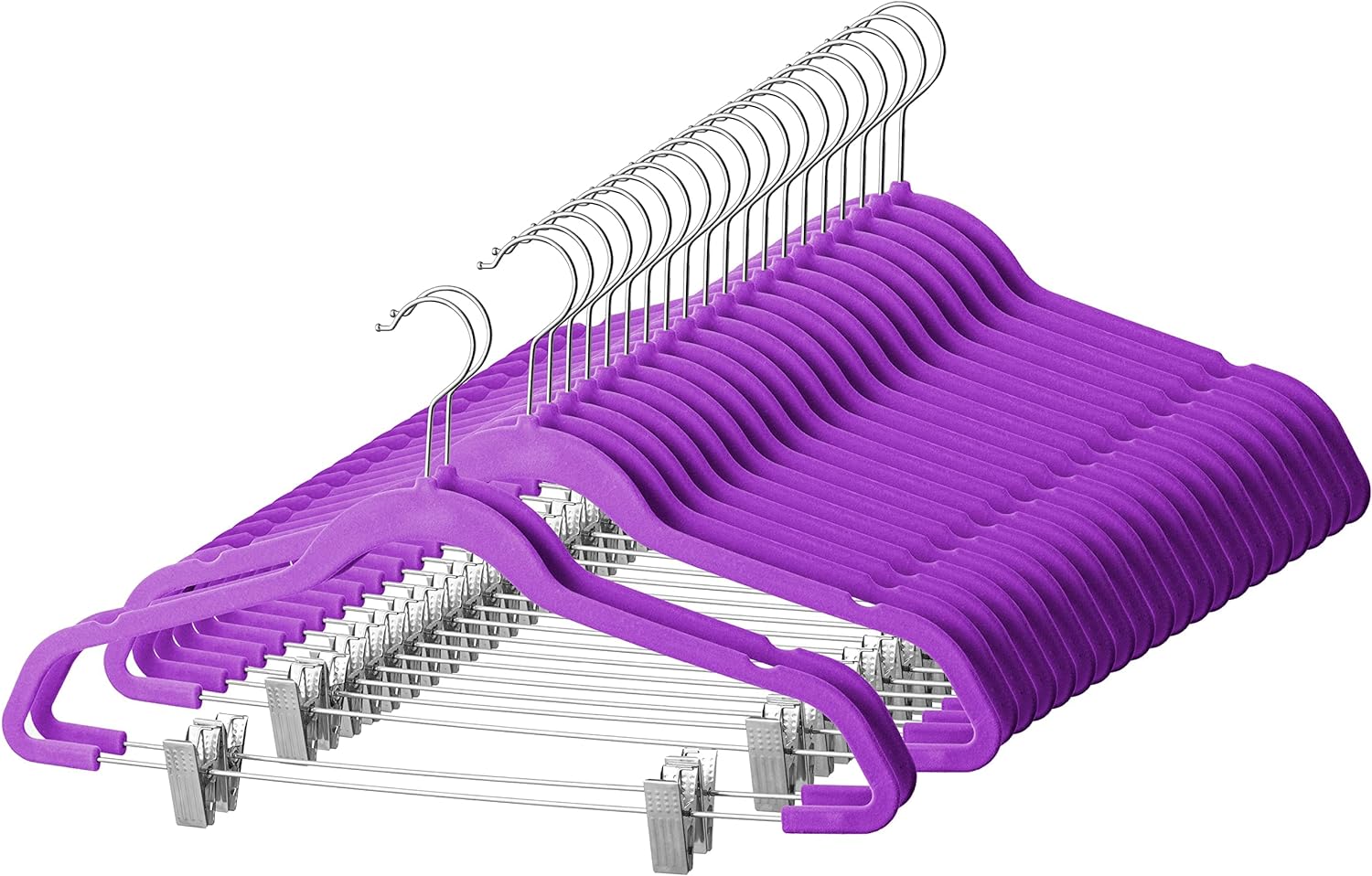 Zober Velvet Hangers with Clips - Pack of 20 Metal Clip Hangers for Pants - Notched Purple Velvet Skirt Hangers for Pants, Skirts, Suits, Dresses & Shirts w/ 360 Degree Hook - Non Slip Felt Hangers