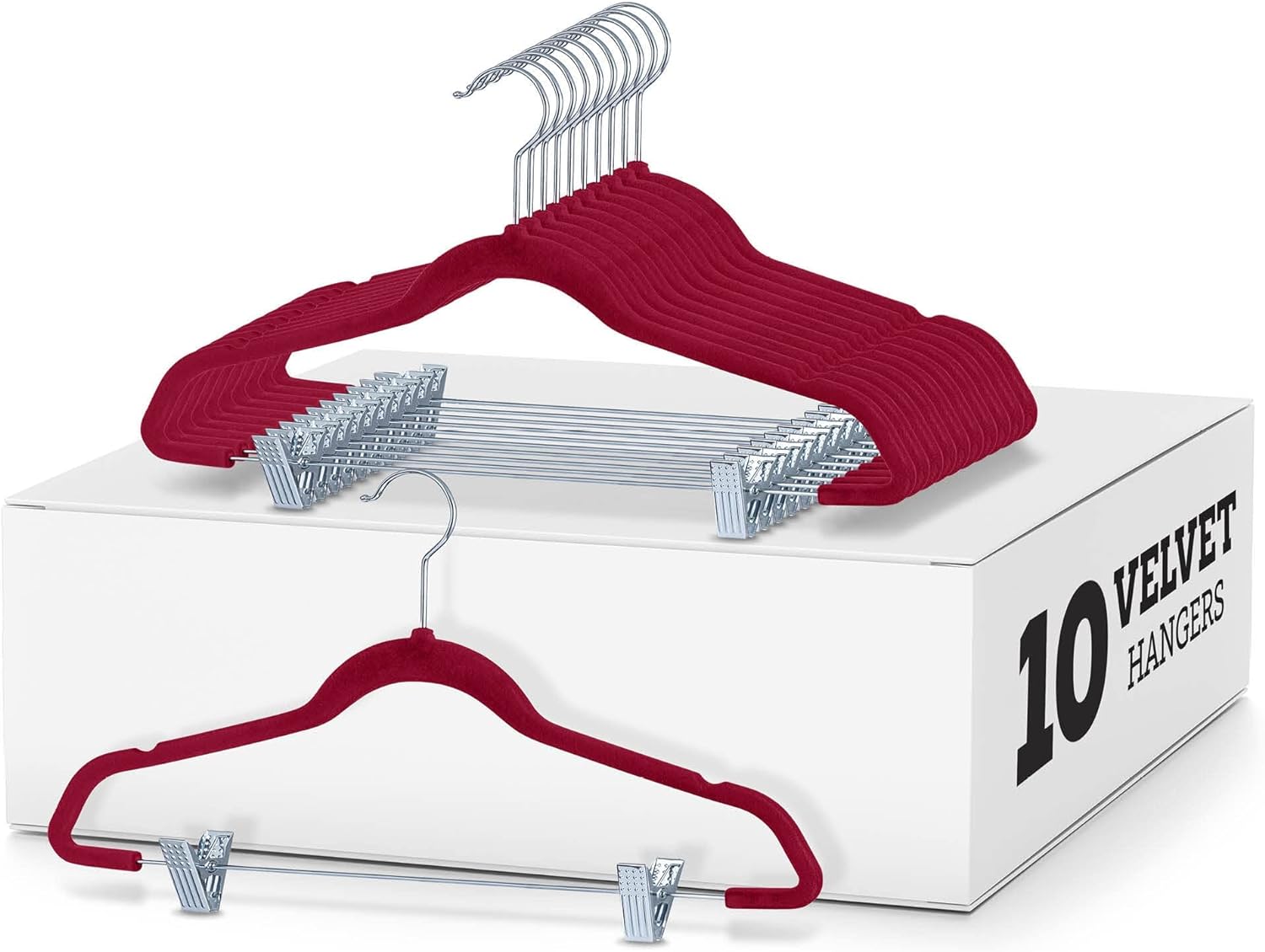 Zober Velvet Hangers with Clips - Pack of 10 Metal Clip Hangers for Pants - Notched Burgundy Velvet Skirt Hangers for Pants, Skirts, Suits, Dresses & Shirts w/ 360 Degree Hook - Non Slip Felt Hangers