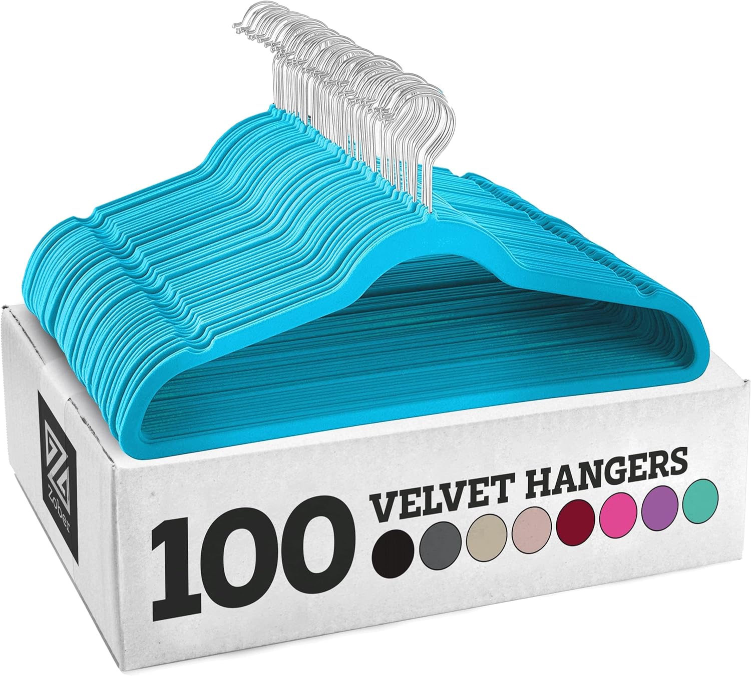 Zober Velvet Hangers 100 Pack - Heavy Duty Turquoise Hangers for Coats, Pants & Dress Clothes - Non Slip Clothes Hanger Set - Space Saving Felt Hangers for Clothing