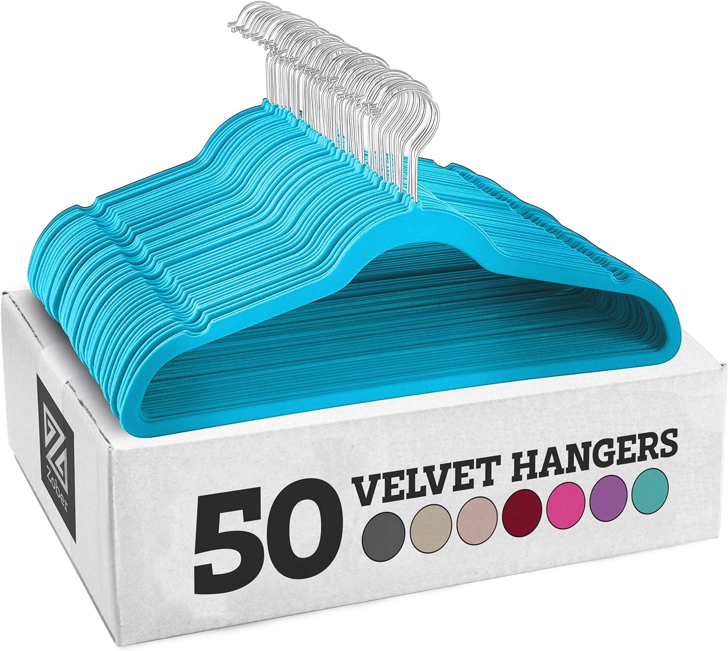 Zober Velvet Hangers 50 Pack - Heavy Duty Turquoise Hangers for Coats, Pants & Dress Clothes - Non Slip Clothes Hanger Set - Space Saving Felt Hangers for Clothing